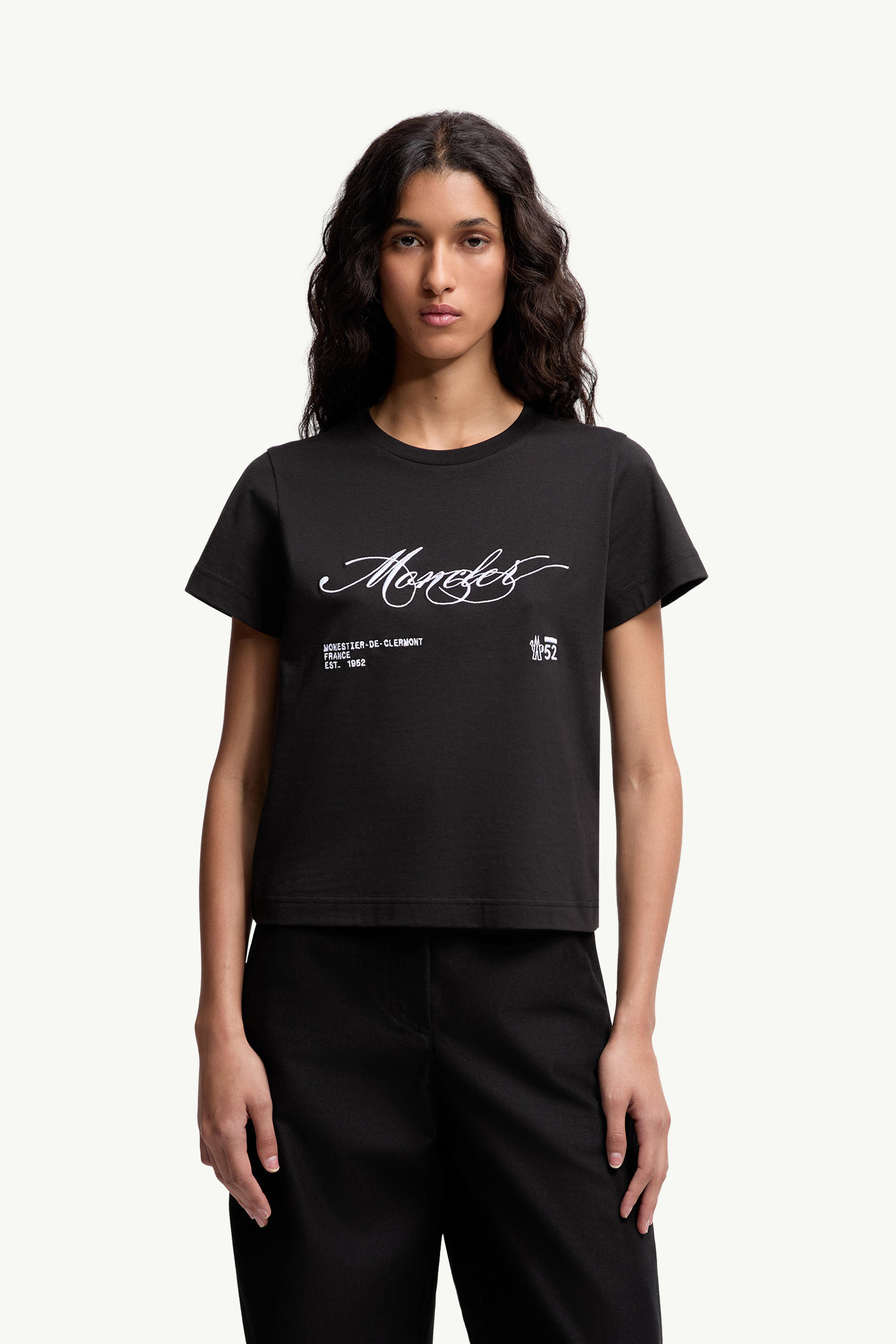 Embroidered Cursive Logo Cotton T-Shirt Women Black Moncler 3