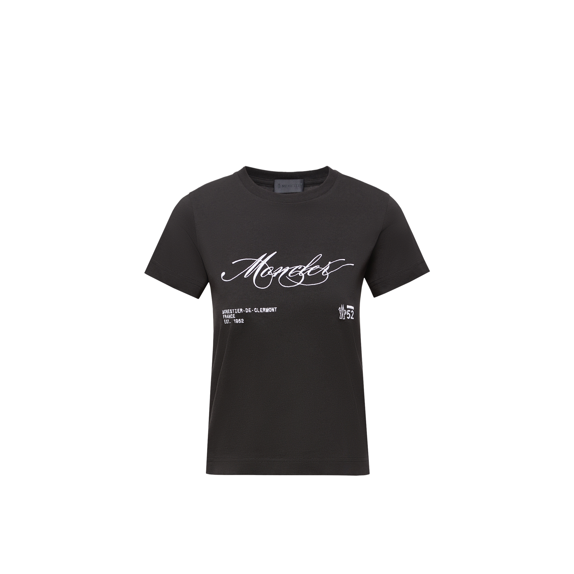 Moncler   Embroidered Cursive Logo Cotton T-Shirt for Women in Black, Size: S