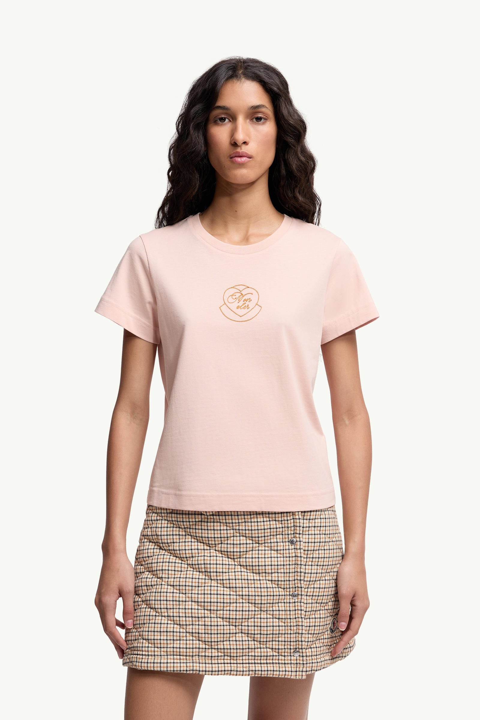 Embroidered Heart Logo Cotton T-Shirt Women Light Pink Moncler 3