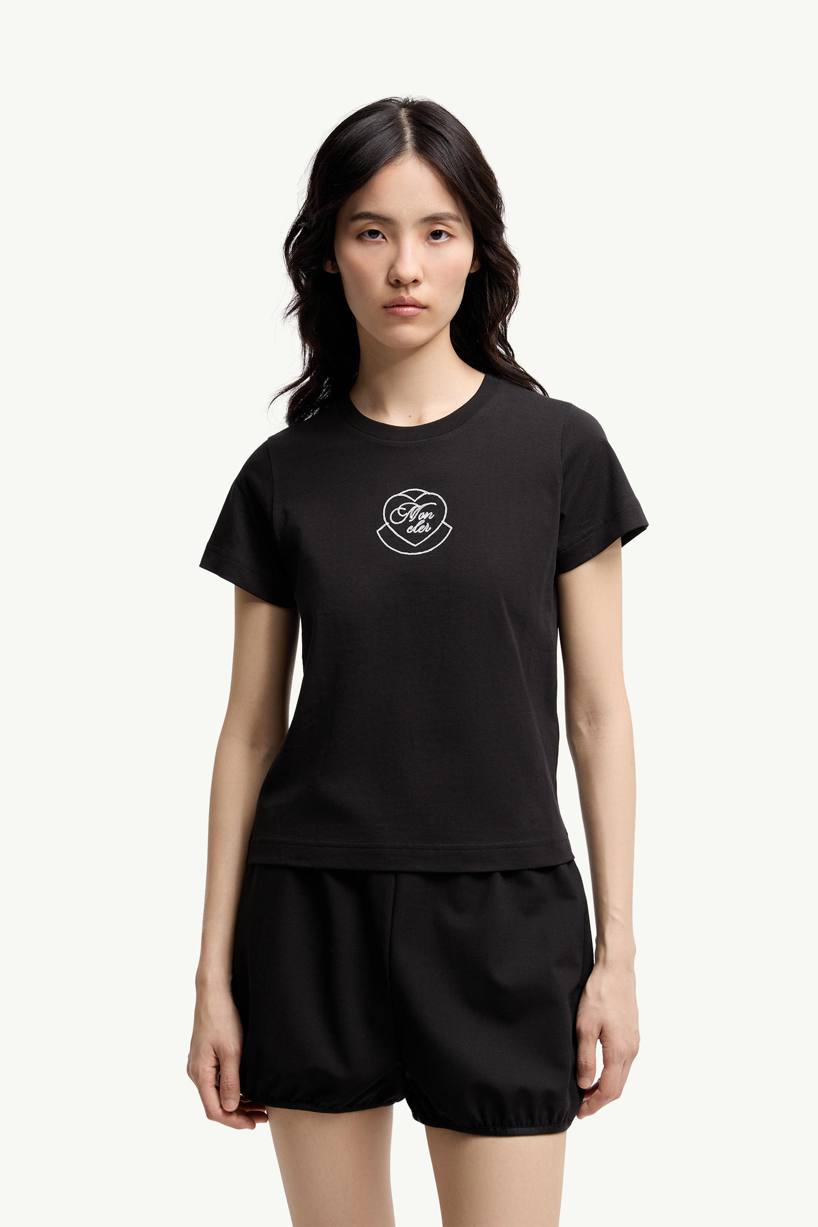Embroidered Heart Logo Cotton T-Shirt Women Black Moncler 3