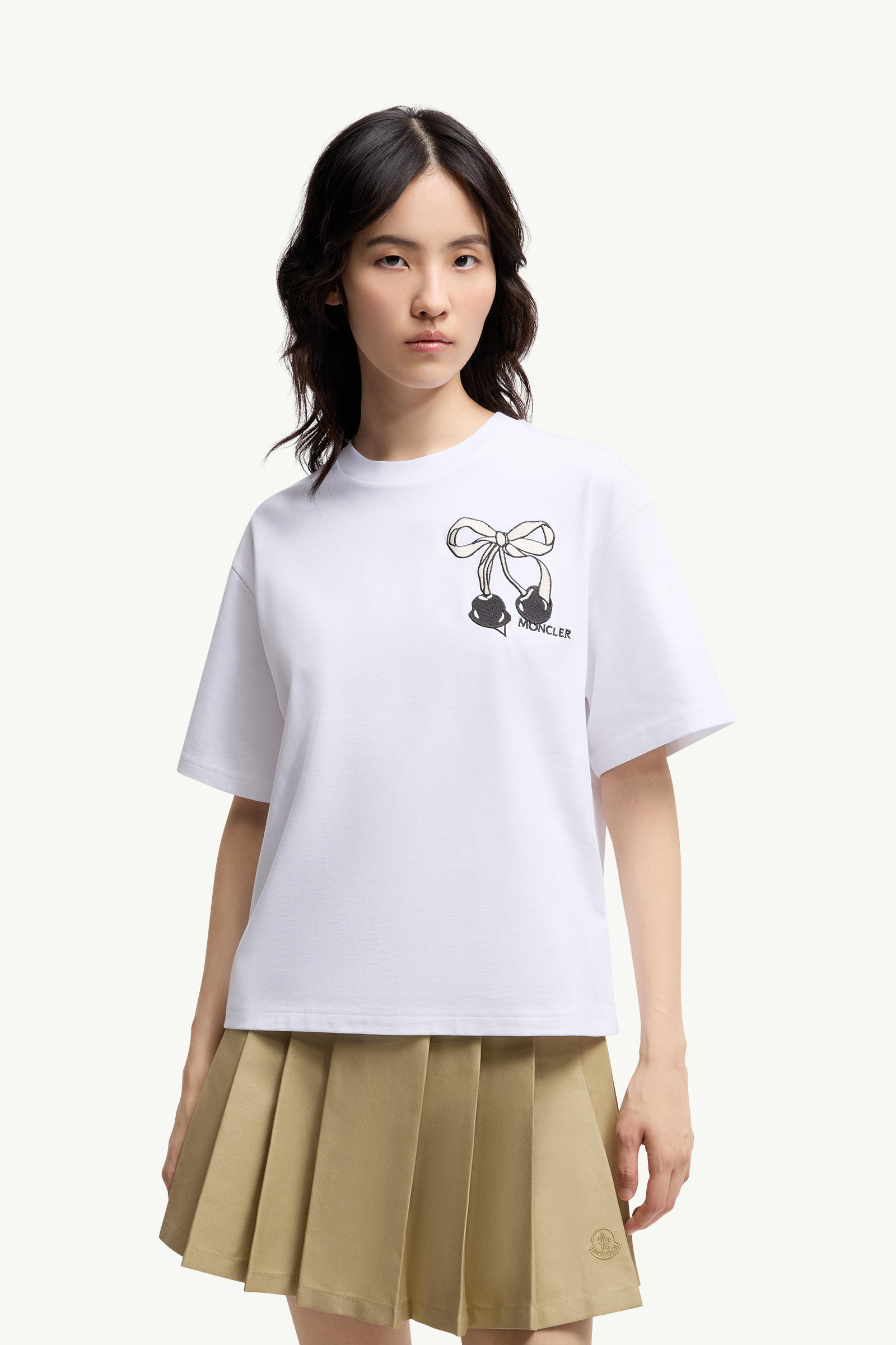 Embroidered Cherry Logo Cotton T-Shirt Women White Moncler 3