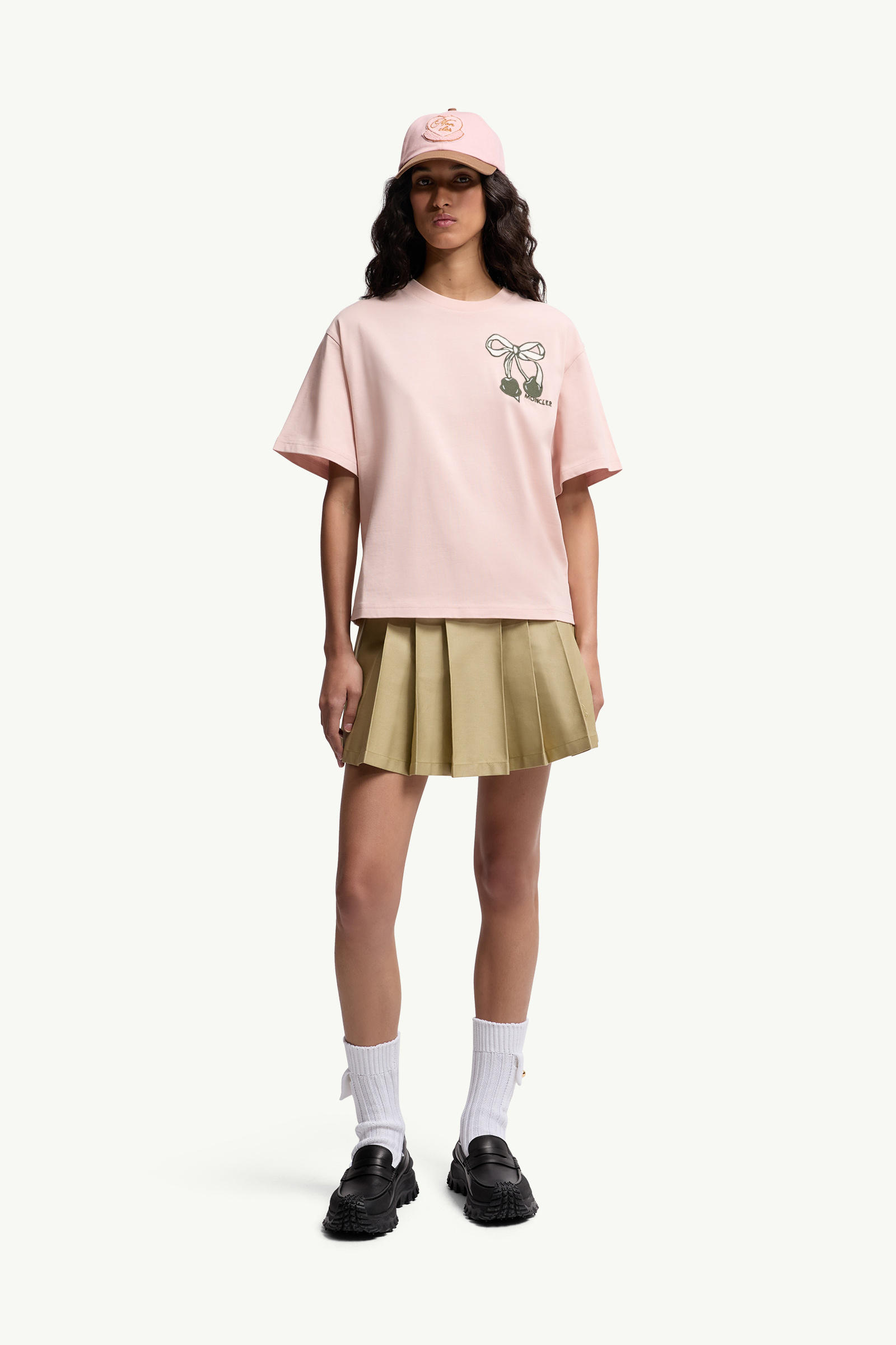 Embroidered Cherry Logo Cotton T-Shirt Women Light Pink Moncler 0
