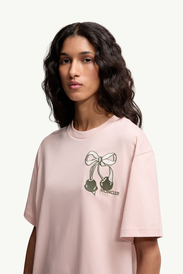 Embroidered Cherry Logo Cotton T-Shirt Women Light Pink Moncler 1