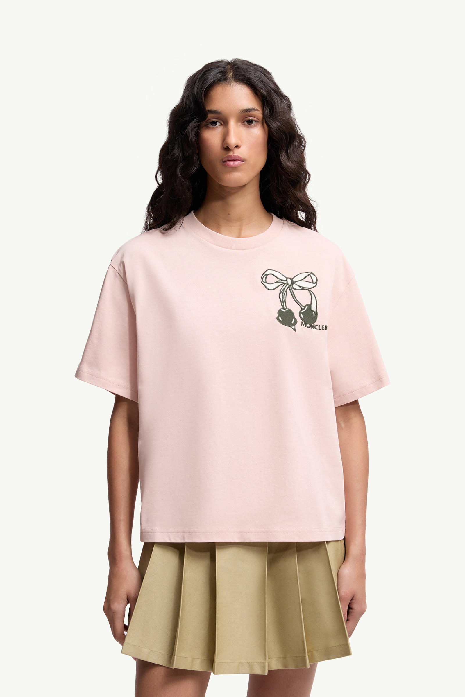 Embroidered Cherry Logo Cotton T-Shirt Women Light Pink Moncler 3