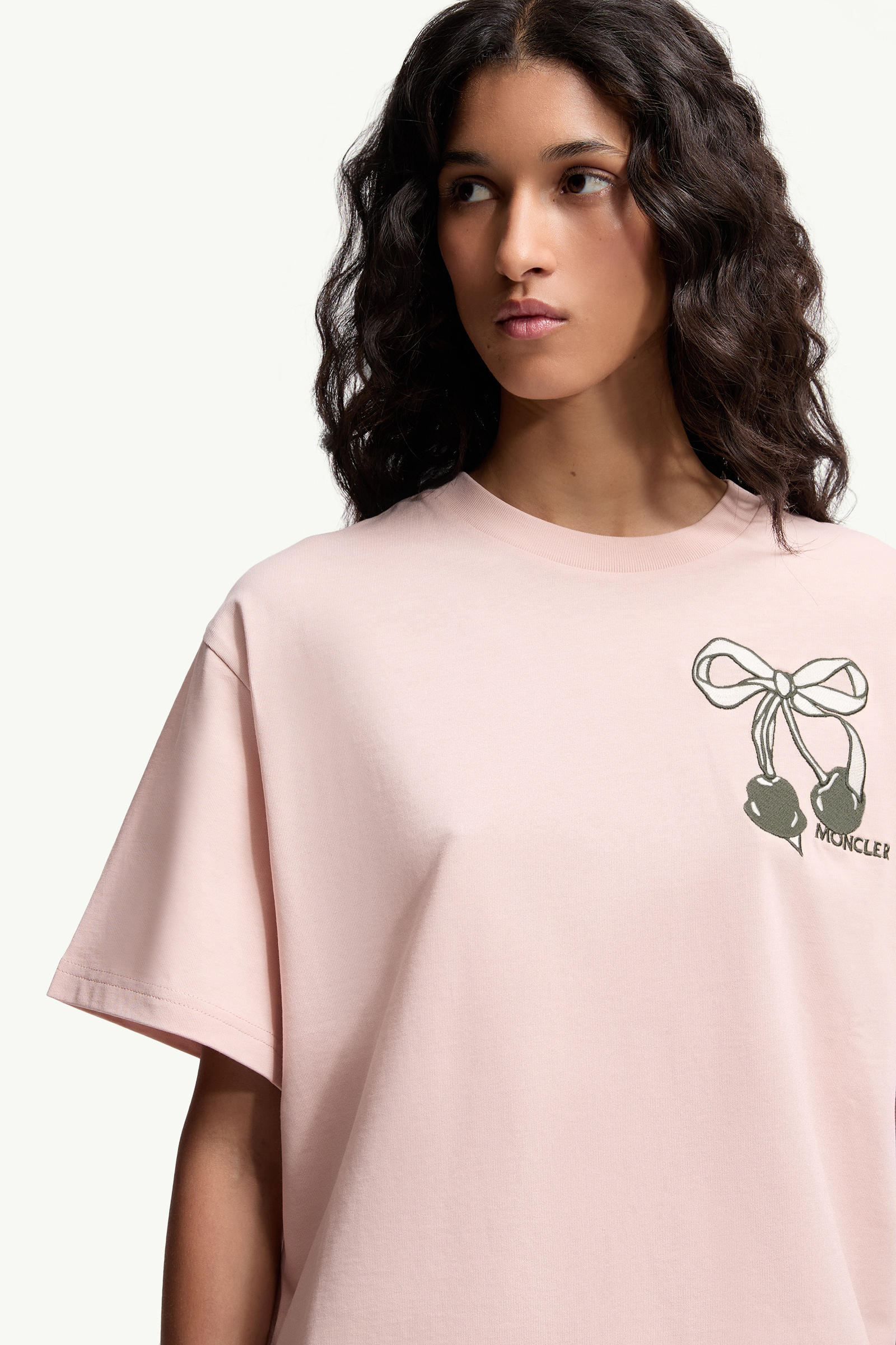 Embroidered Cherry Logo Cotton T-Shirt Women Light Pink Moncler 5