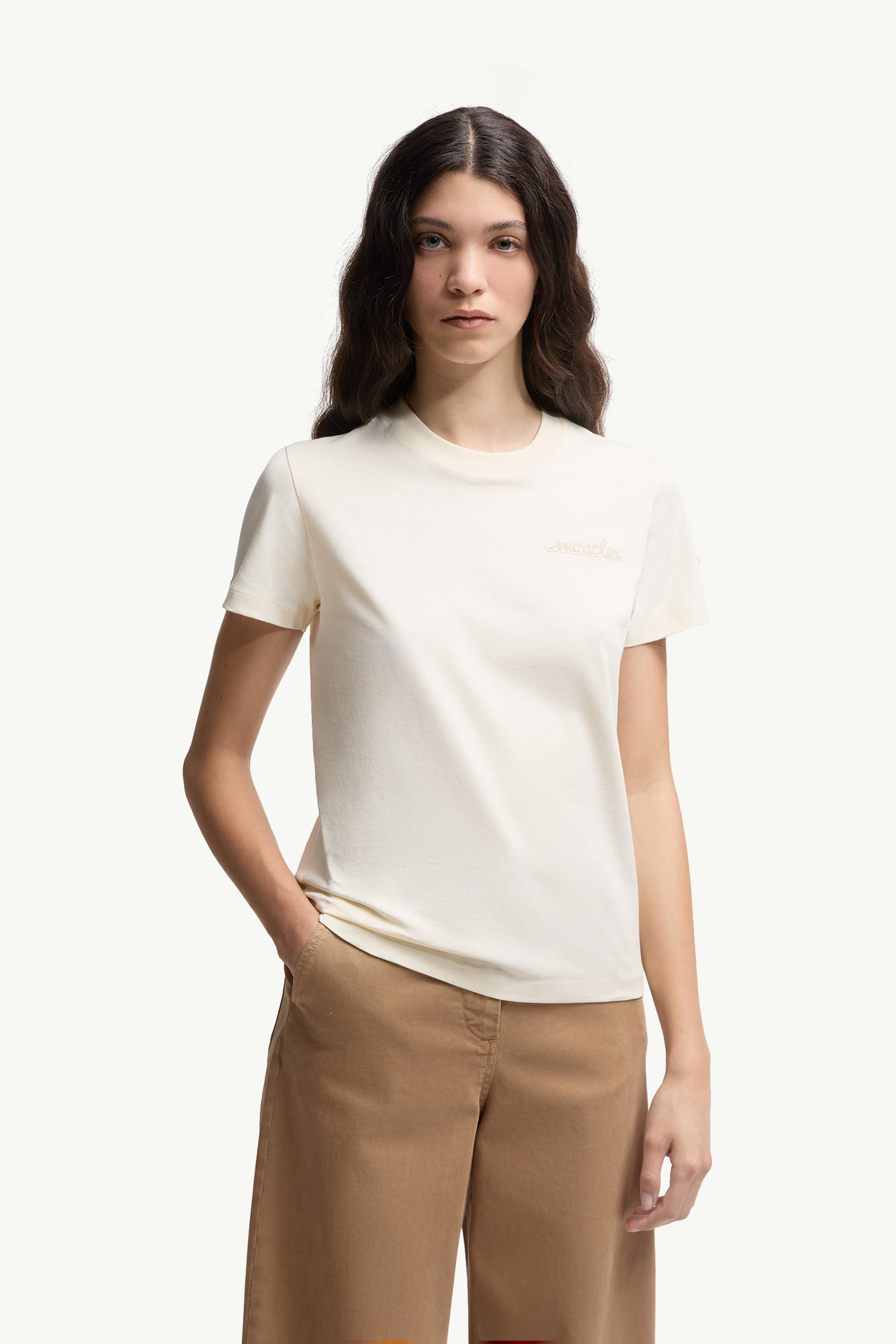 Beaded Logo Cotton T-Shirt Women White Moncler 3