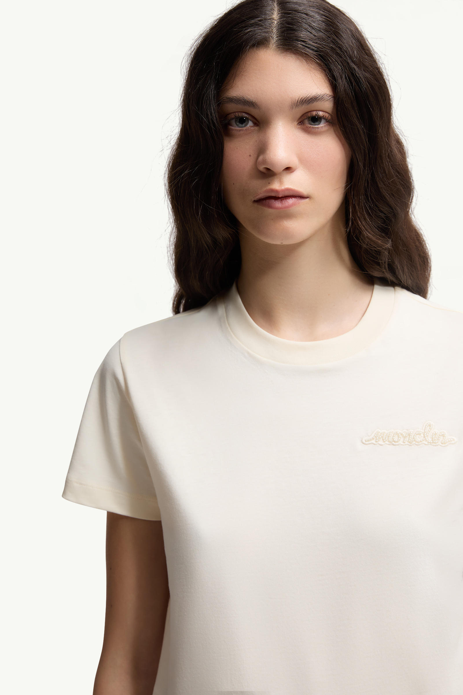 Beaded Logo Cotton T-Shirt Women White Moncler 5