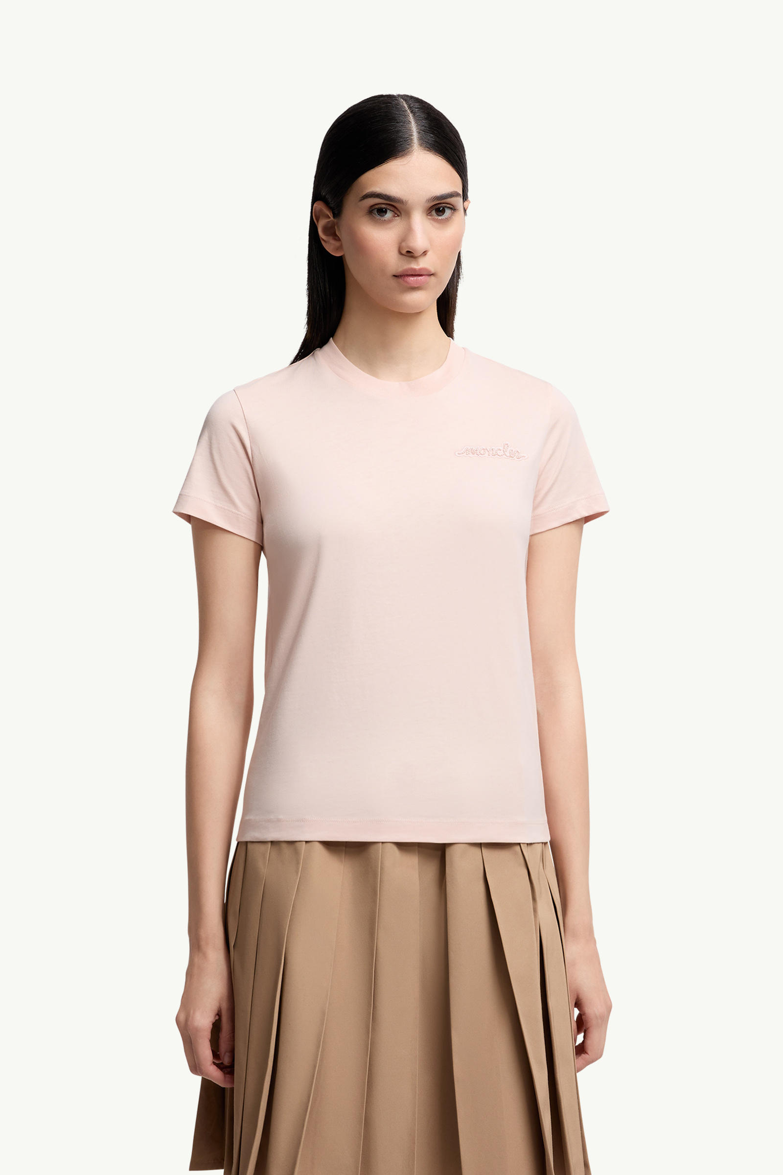 Beaded Logo Cotton T-Shirt Women Light Pink Moncler 3