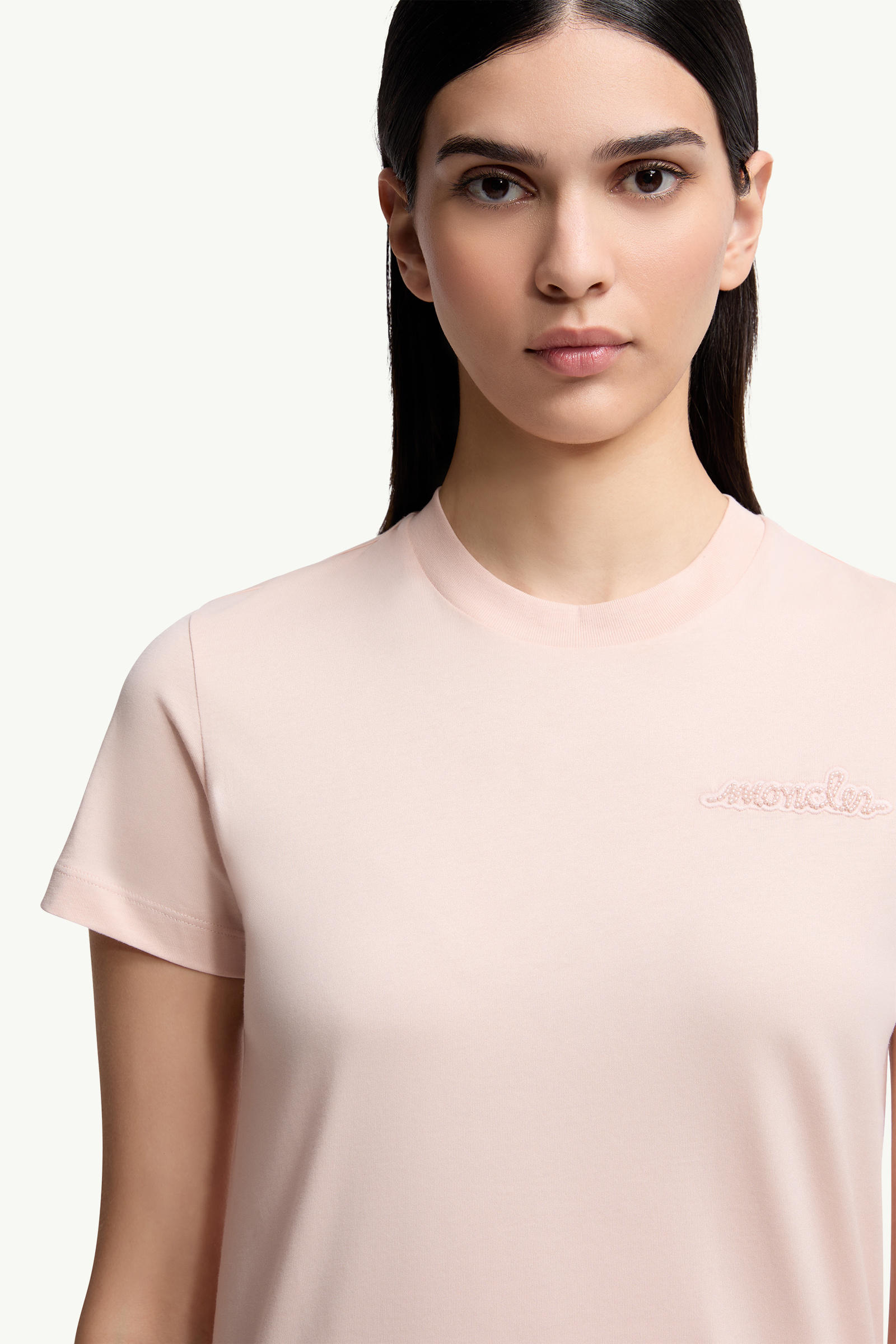 Beaded Logo Cotton T-Shirt Women Light Pink Moncler 5