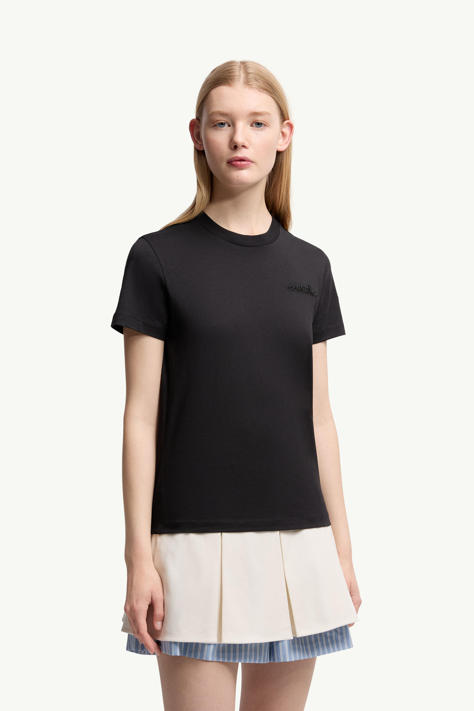 Beaded Logo Cotton T-Shirt Women Black Moncler 3