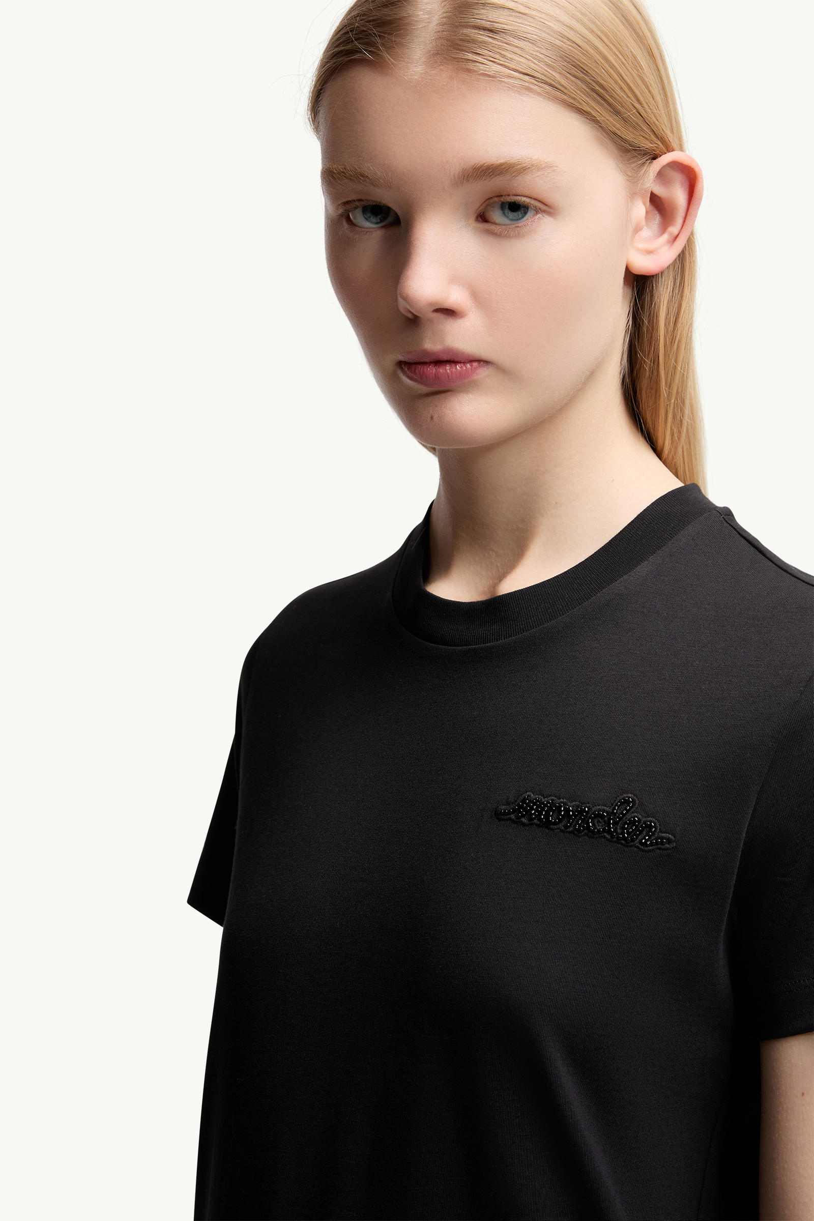 Beaded Logo Cotton T-Shirt Women Black Moncler 5