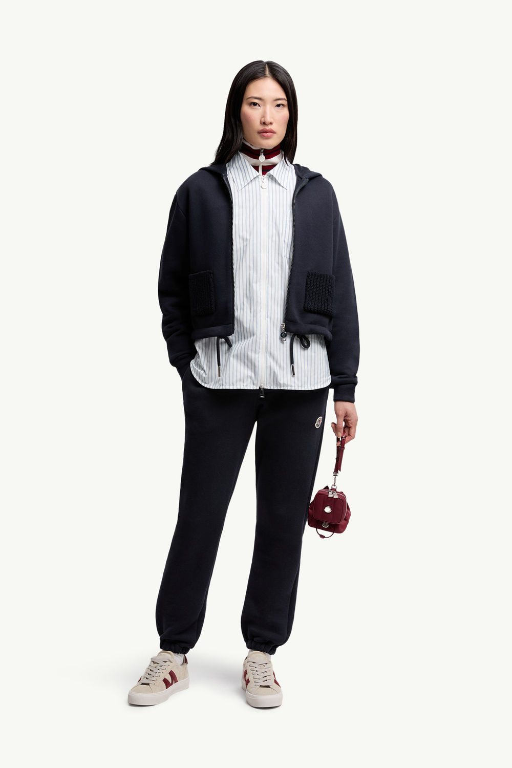 Sweat à capuche zippé en coton avec détails en maille Femmes Bleu marine Moncler 0