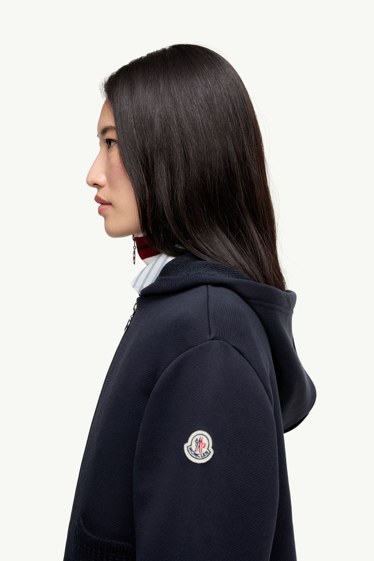 Kapuzenpullover aus Baumwolle mit Reißverschluss und Strickdetail Damen Navyblau Moncler 1