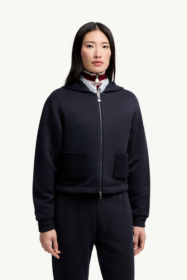 Knit Accent Cotton Zip-Up Hoodie Women Navy Blue Moncler 3