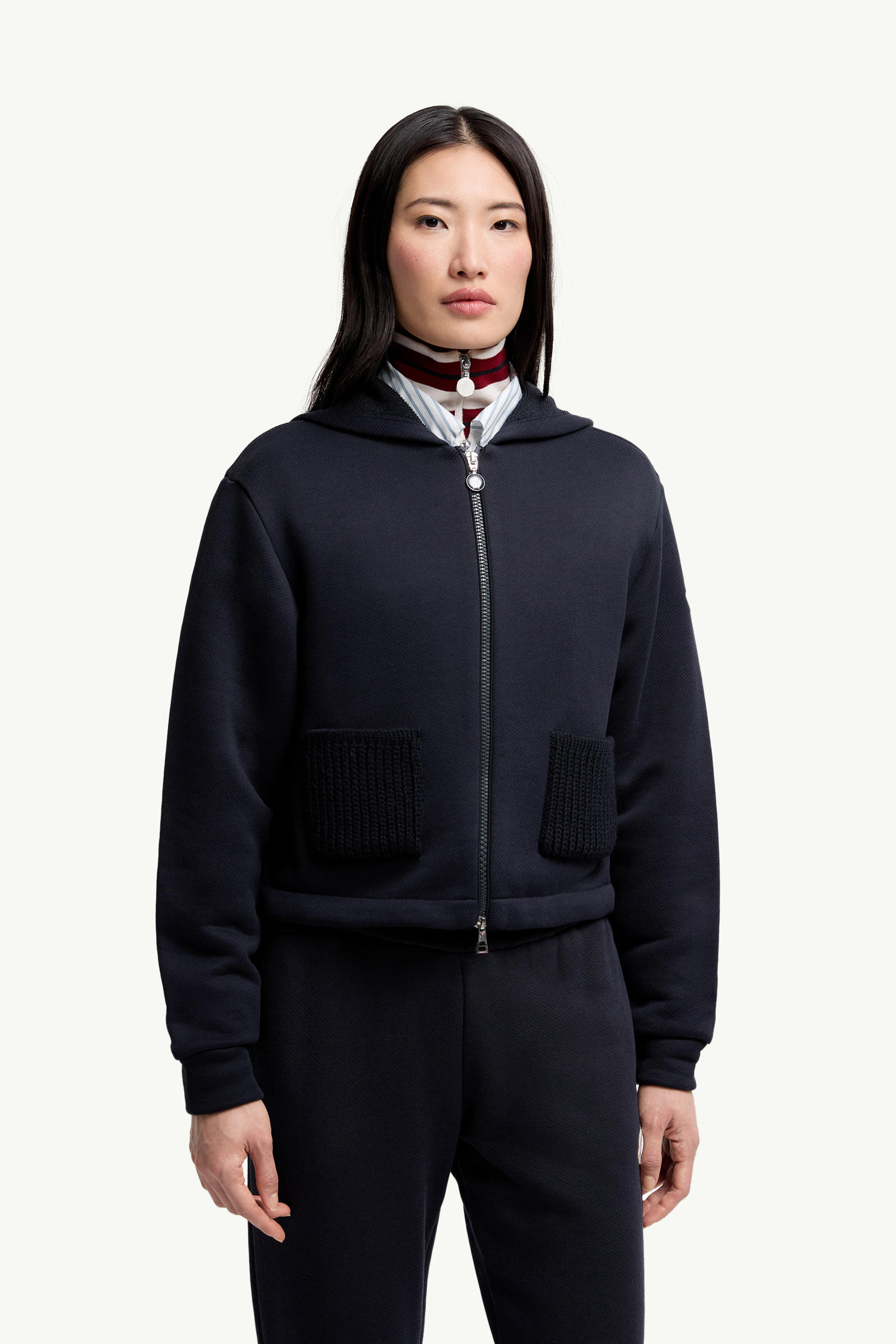 女士针织细节棉质拉链连帽卫衣 女士 海军蓝色 Moncler 3