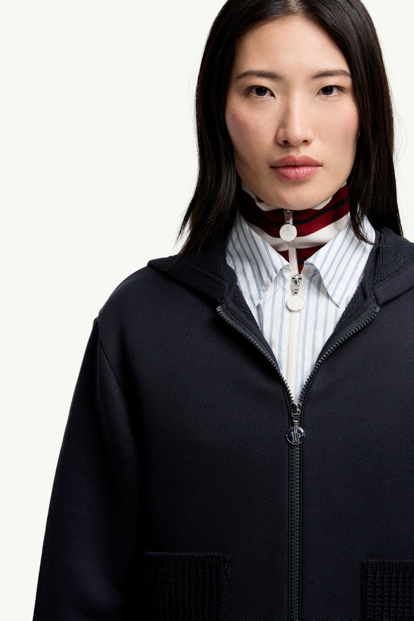 Knit Accent Cotton Zip-Up Hoodie Women Navy Blue Moncler 5