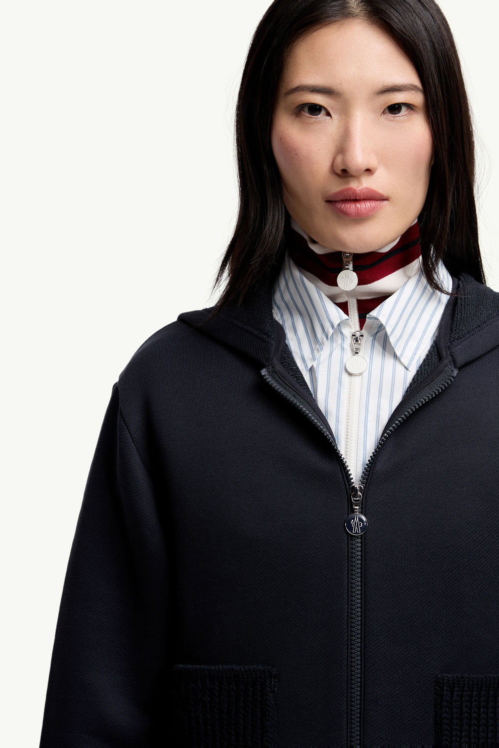 Sweat à capuche zippé en coton avec détails en maille Femmes Bleu marine Moncler 5