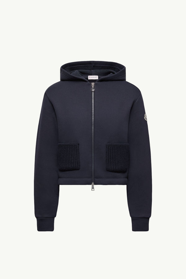 Knit Accent Cotton Zip-Up Hoodie Women Navy Blue Moncler 2