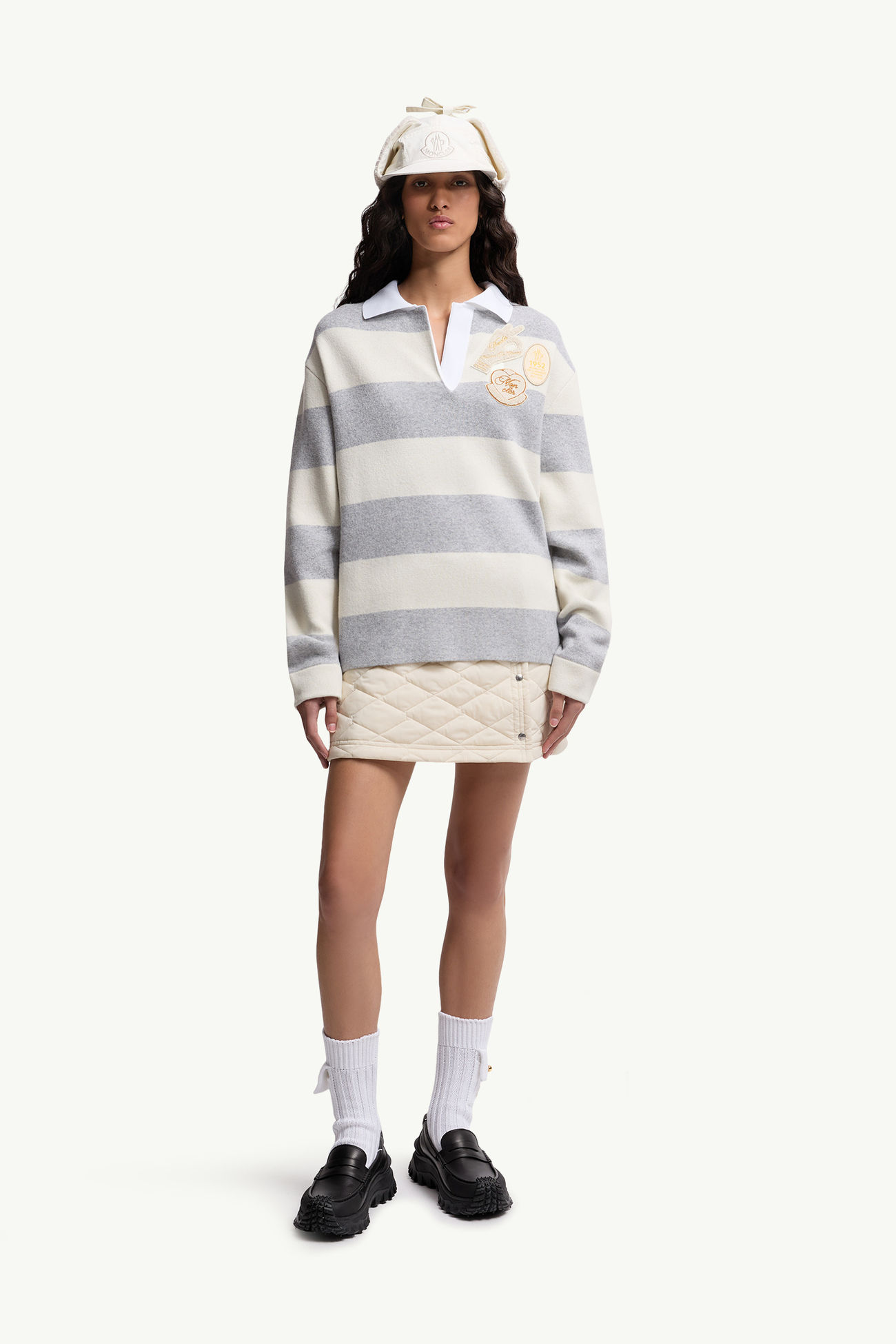 Striped Long Sleeve Wool Polo Shirt Women White & Gray Moncler 0