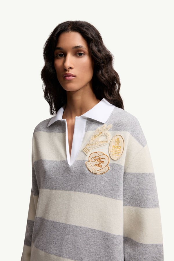 Striped Long Sleeve Wool Polo Shirt Women White & Gray Moncler 1