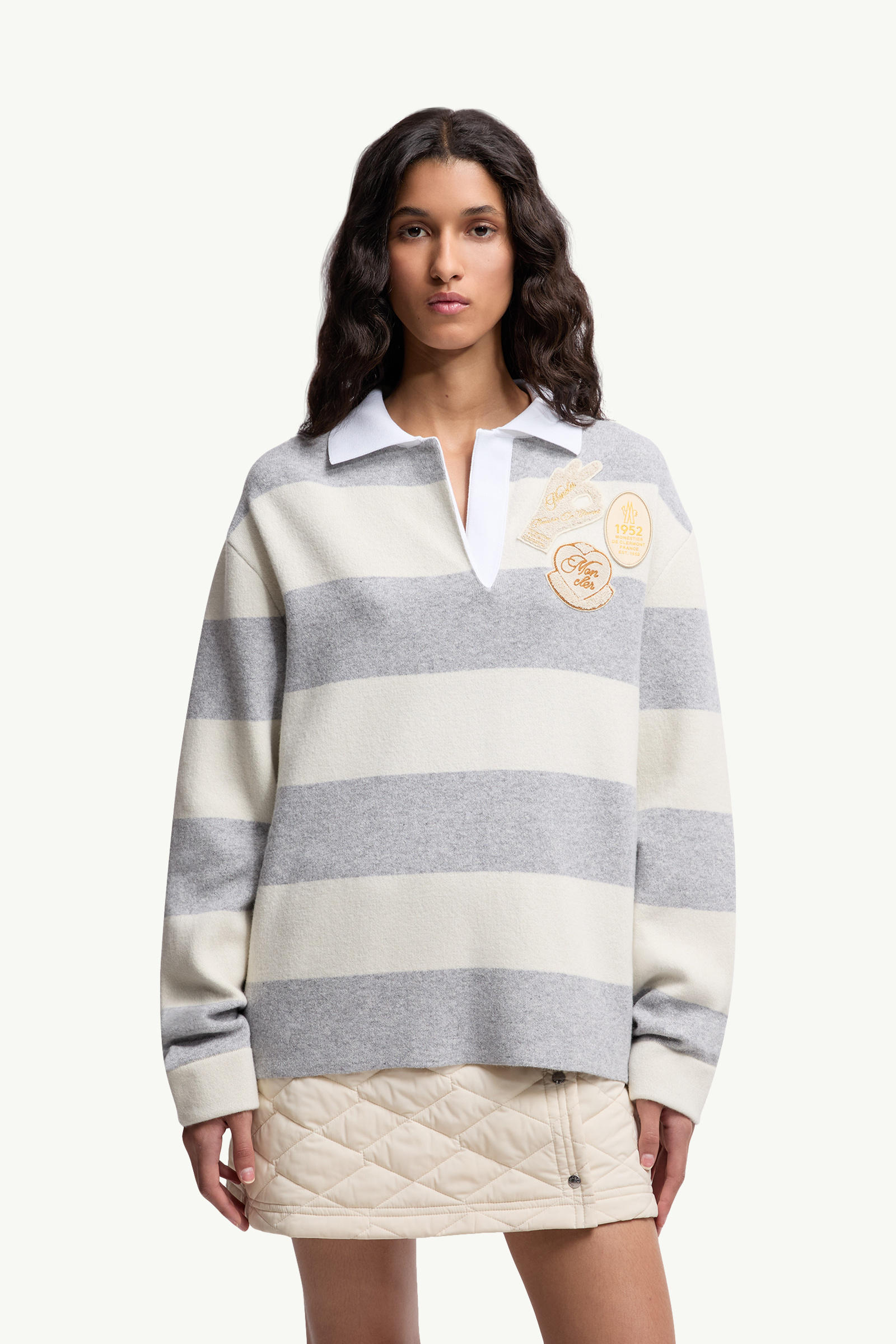 Striped Long Sleeve Wool Polo Shirt Women White & Gray Moncler 3