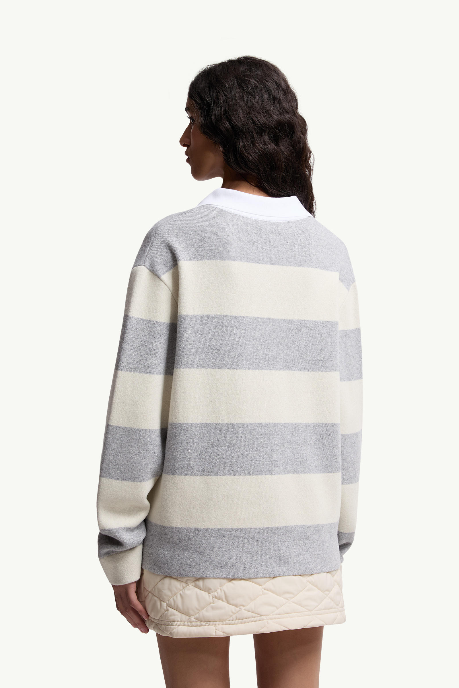 Striped Long Sleeve Wool Polo Shirt Women White & Gray Moncler 4