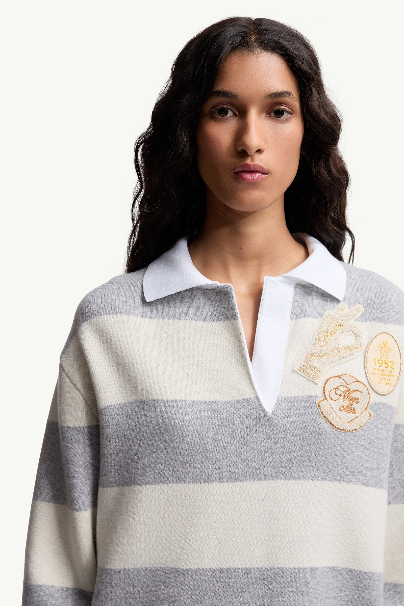 Striped Long Sleeve Wool Polo Shirt Women White & Gray Moncler 5