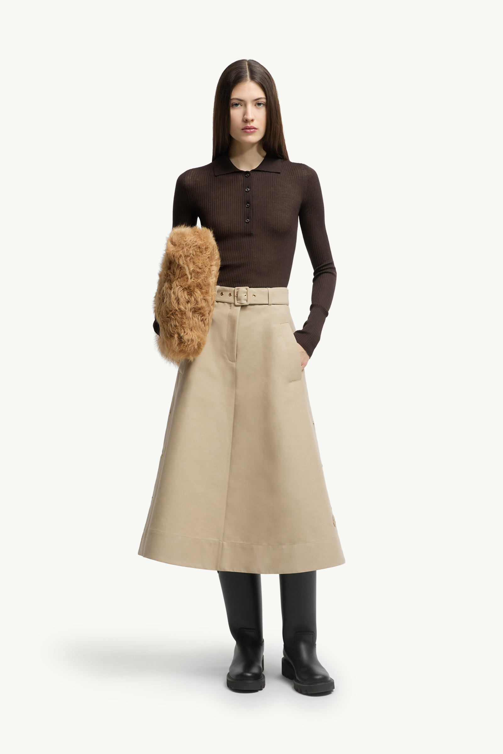 Wool Long Sleeve Polo Shirt Women Brown Moncler 0
