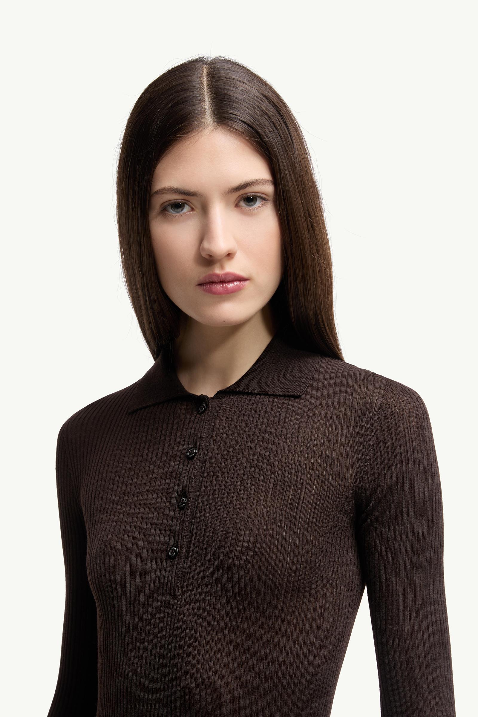Wool Long Sleeve Polo Shirt Women Brown Moncler 1