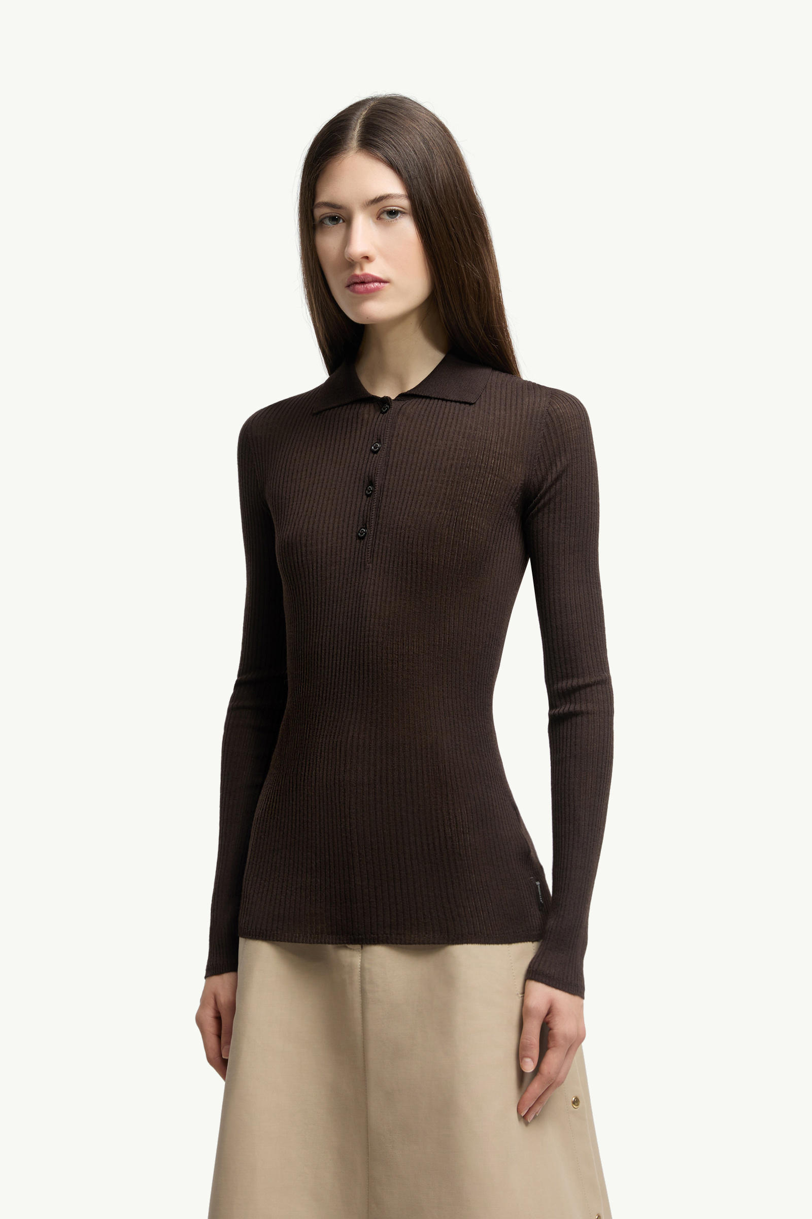 Wool Long Sleeve Polo Shirt Women Brown Moncler 3