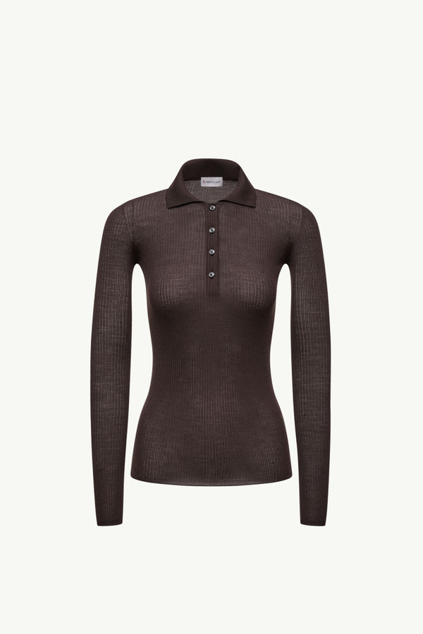 Wool Long Sleeve Polo Shirt Women Brown Moncler 2