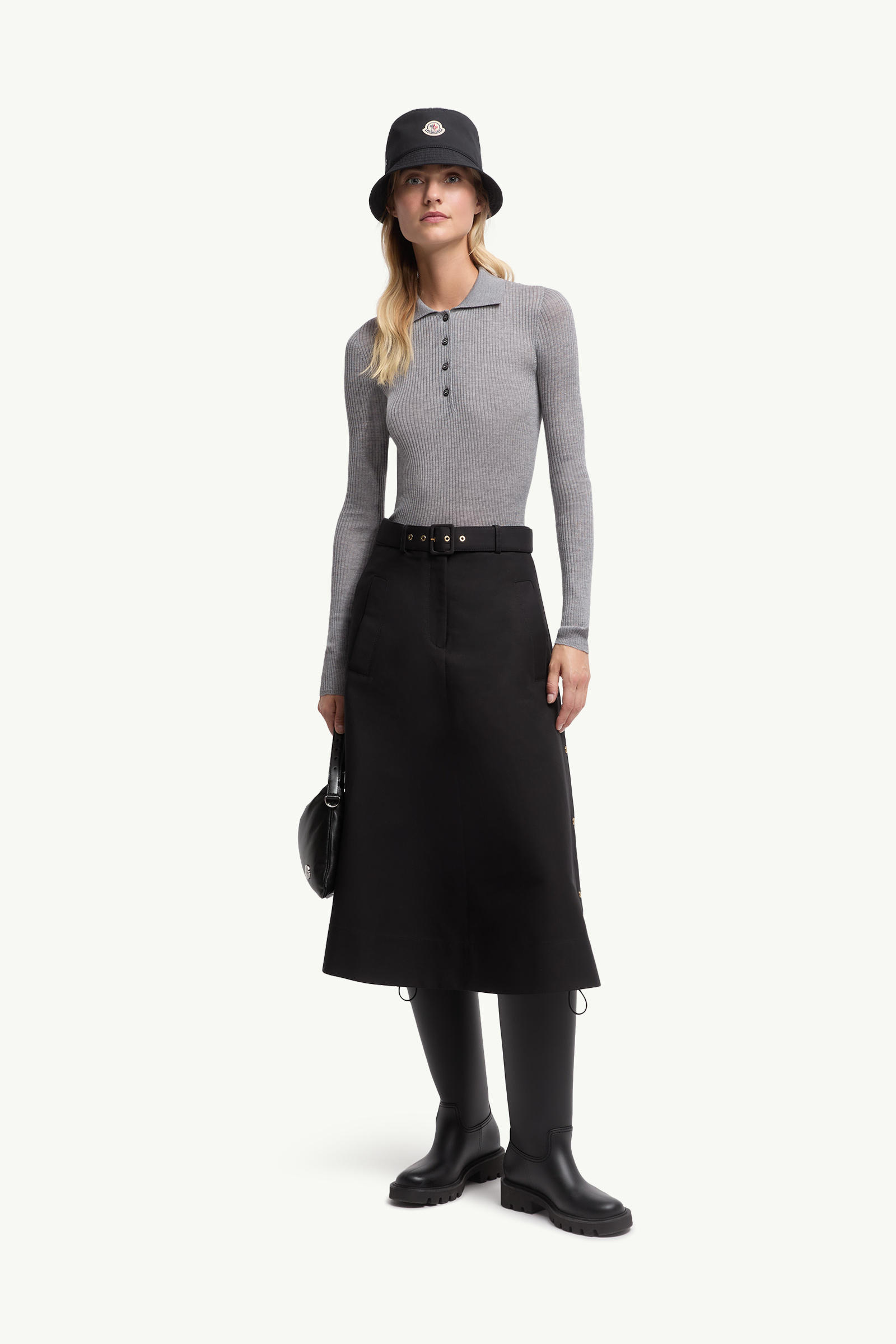Wool Long Sleeve Polo Shirt Women Gray Moncler 0