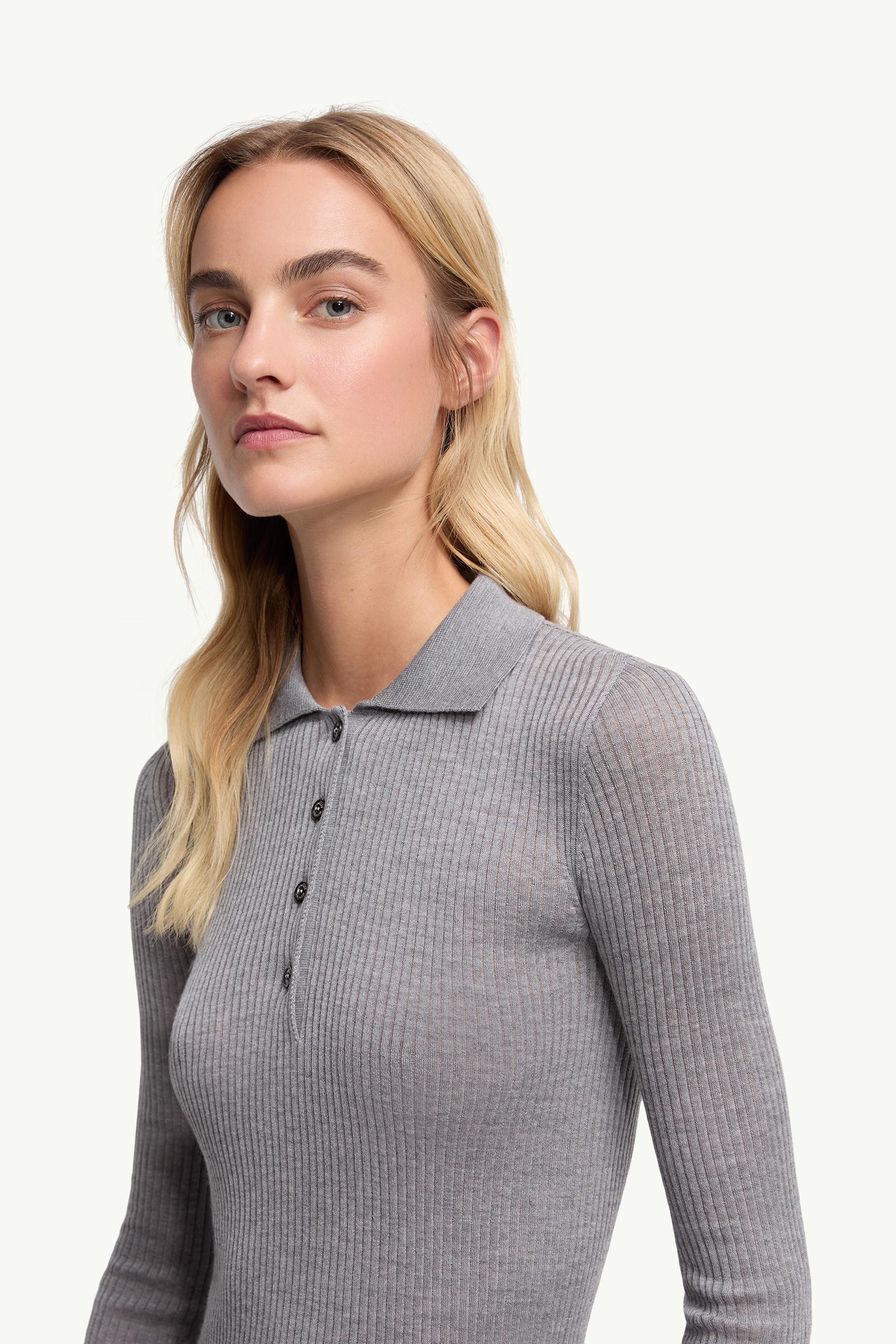 Wool Long Sleeve Polo Shirt Women Gray Moncler 1