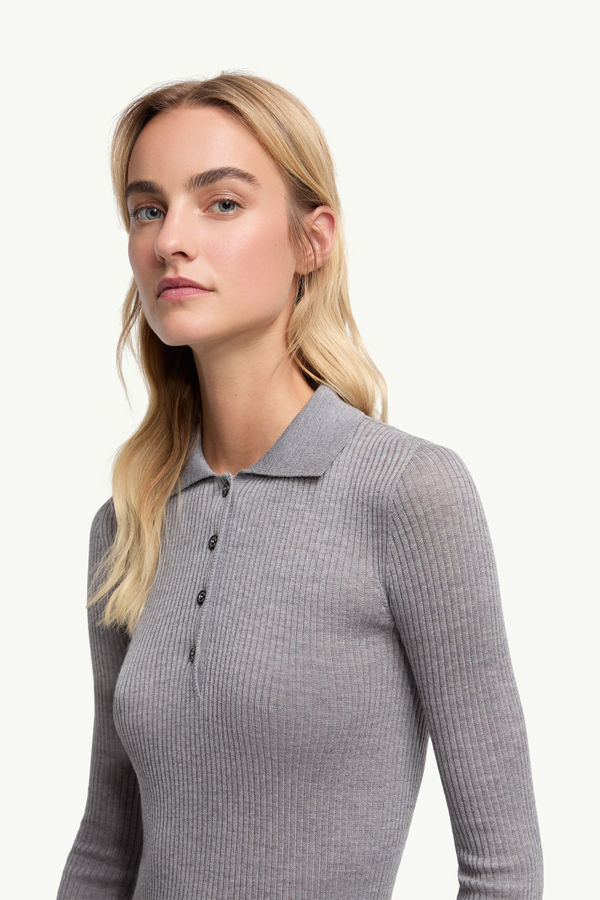 Wool Long Sleeve Polo Shirt Women Gray Moncler 1