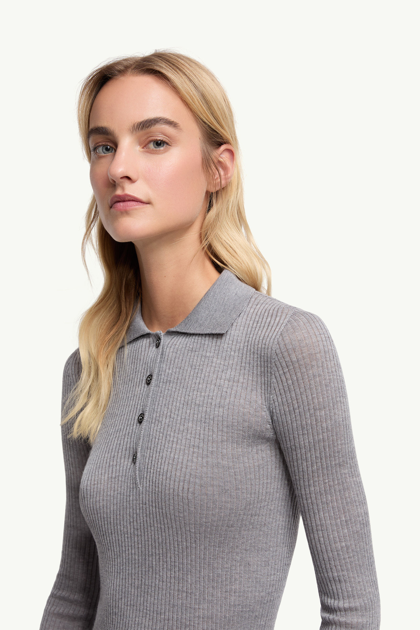 Wool Long Sleeve Polo Shirt Women Gray Moncler 1