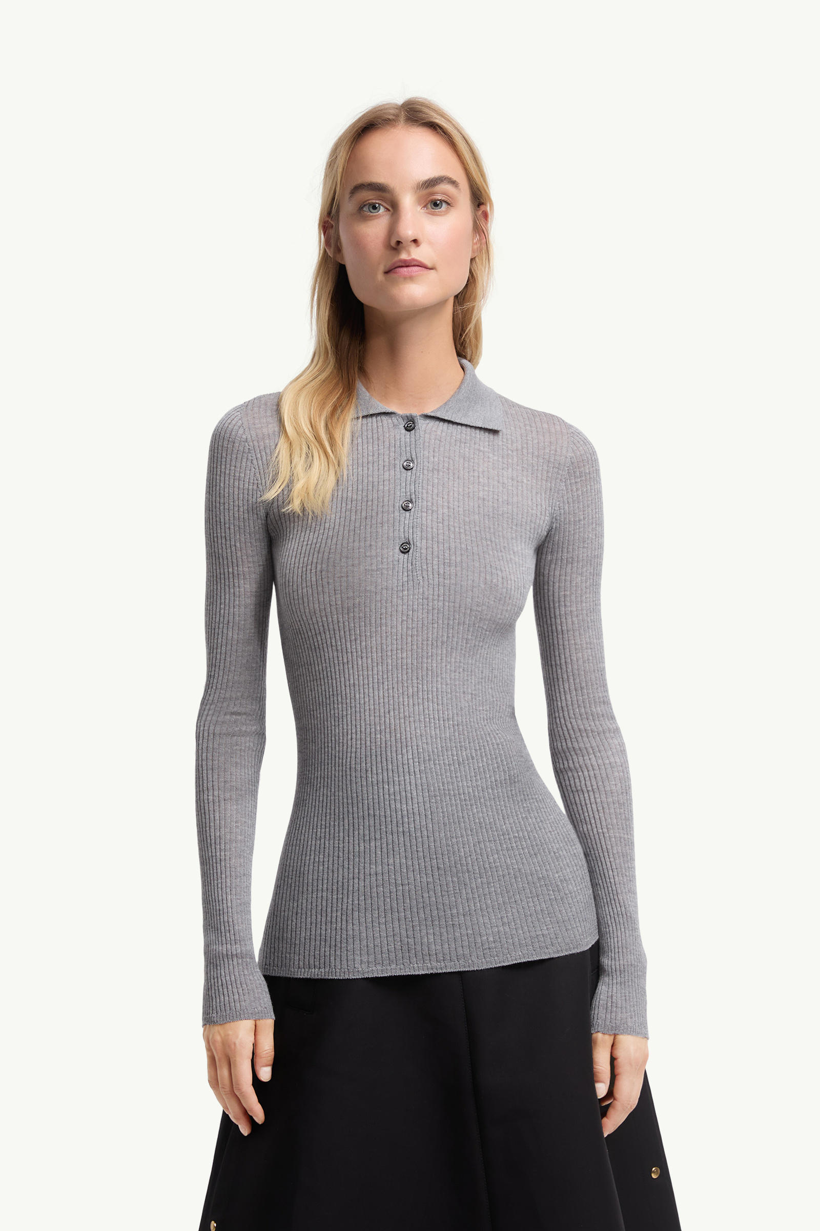 Wool Long Sleeve Polo Shirt Women Gray Moncler 3