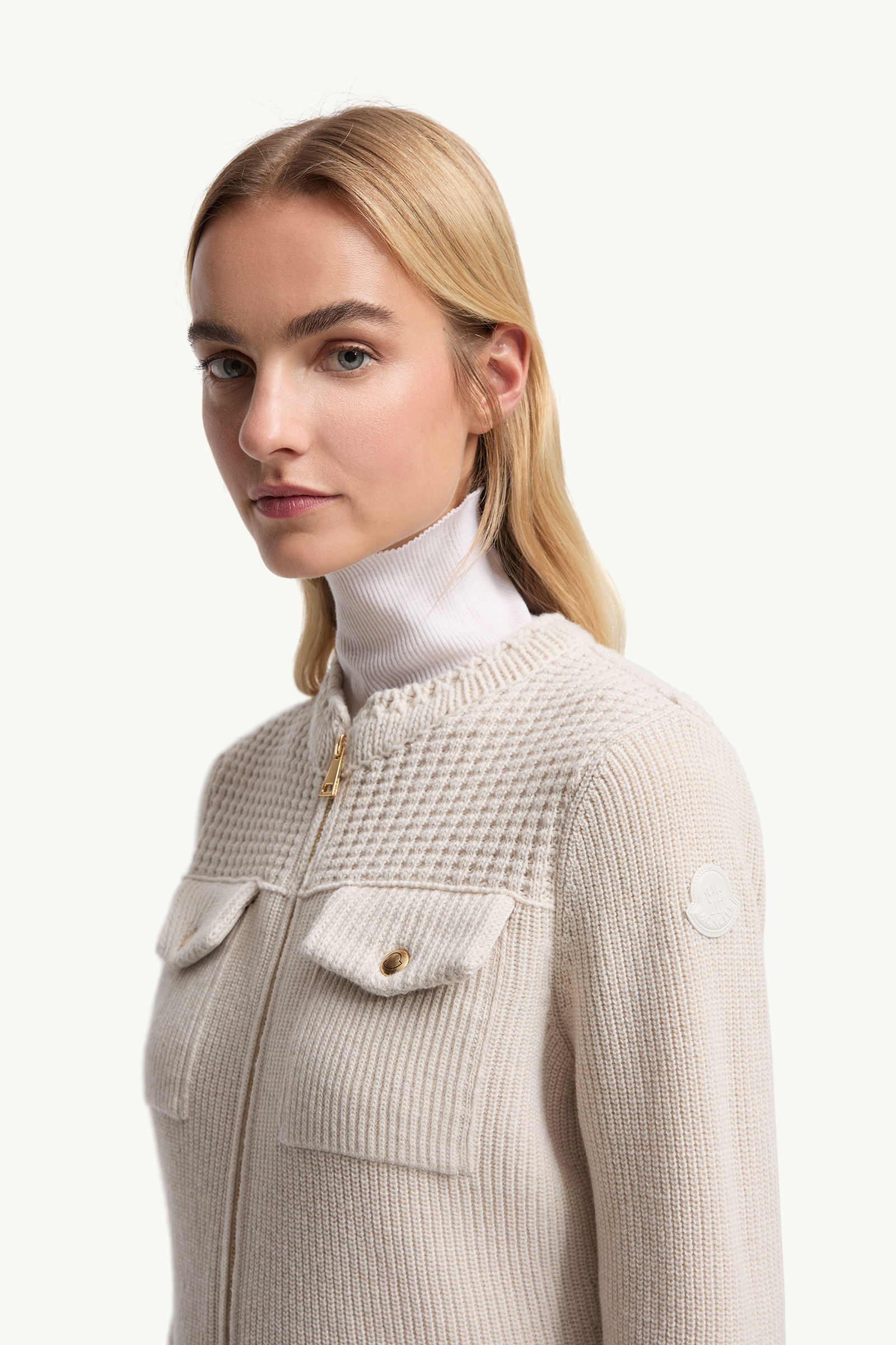 Padded Wool Zip-Up Cardigan Women White Moncler 1