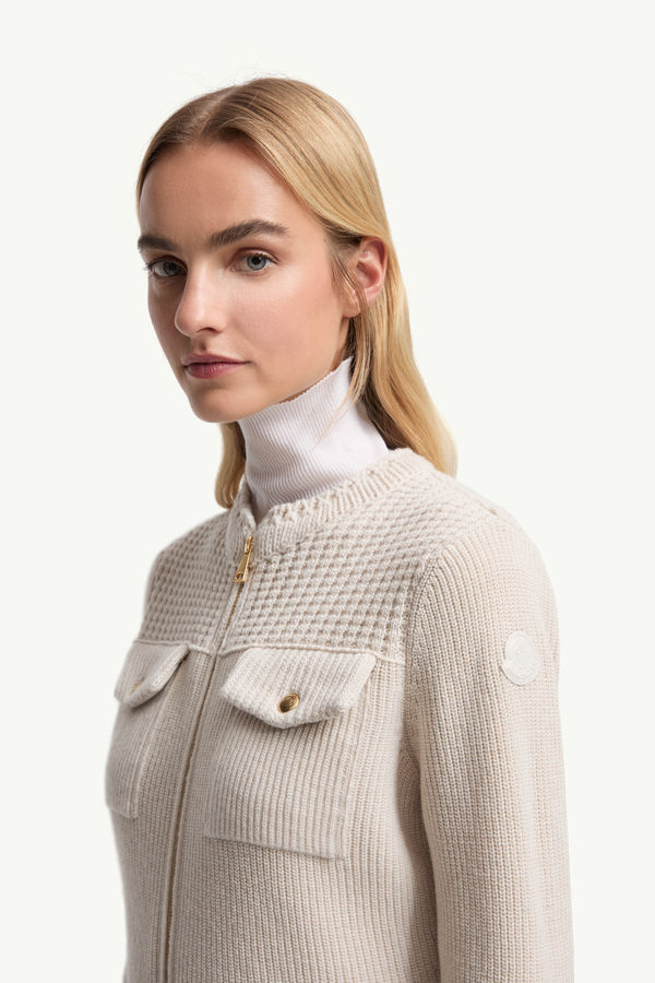 Wattierte Strickjacke aus Wolle mit Reißverschluss Damen Weiß Moncler 1