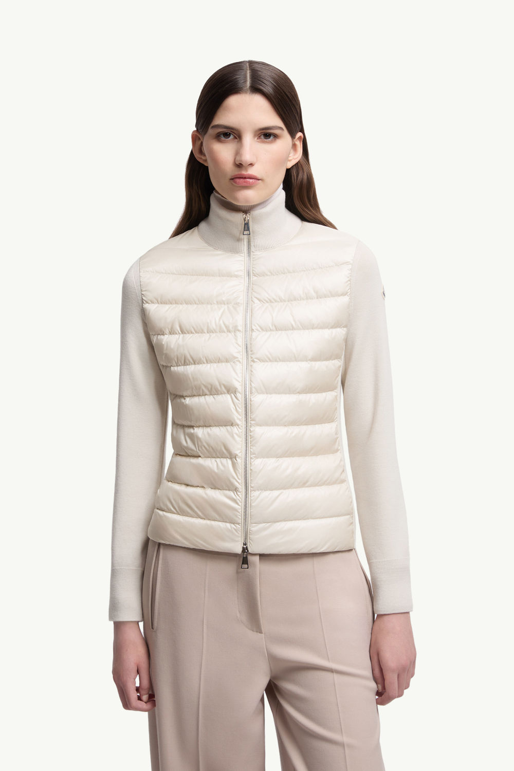 Padded Wool Zip-Up Cardigan Women Light Beige Moncler 3