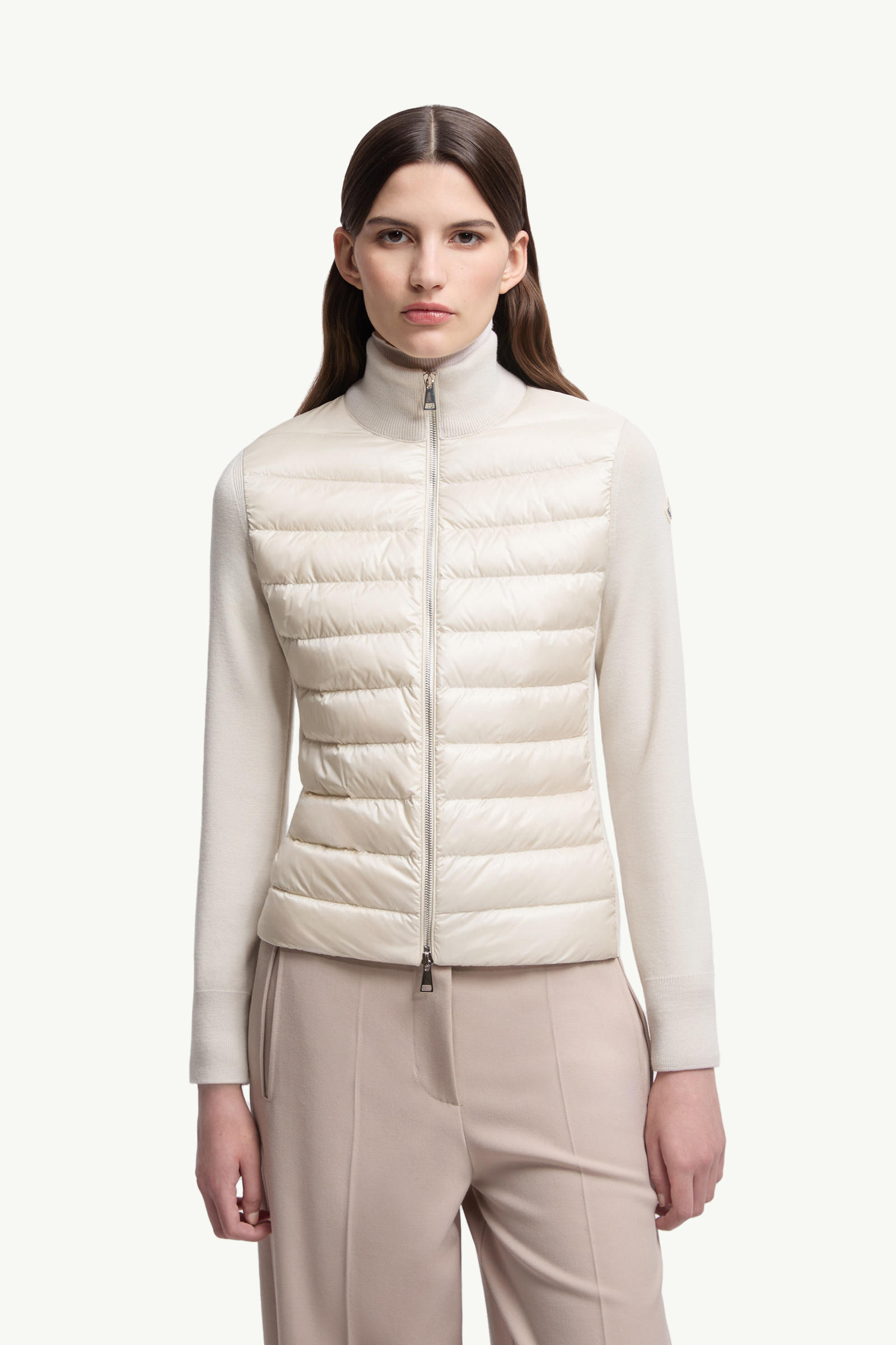 Padded Wool Zip-Up Cardigan Women Light Beige Moncler 3