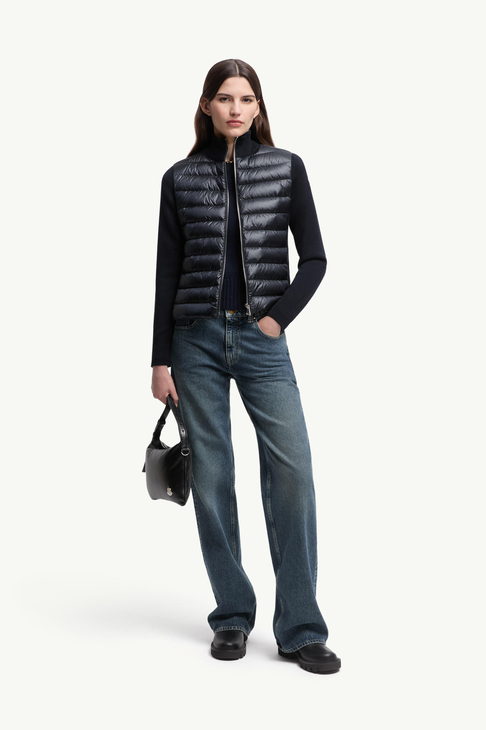 Wattierte Strickjacke aus Wolle mit Reißverschluss Damen Navyblau Moncler 0