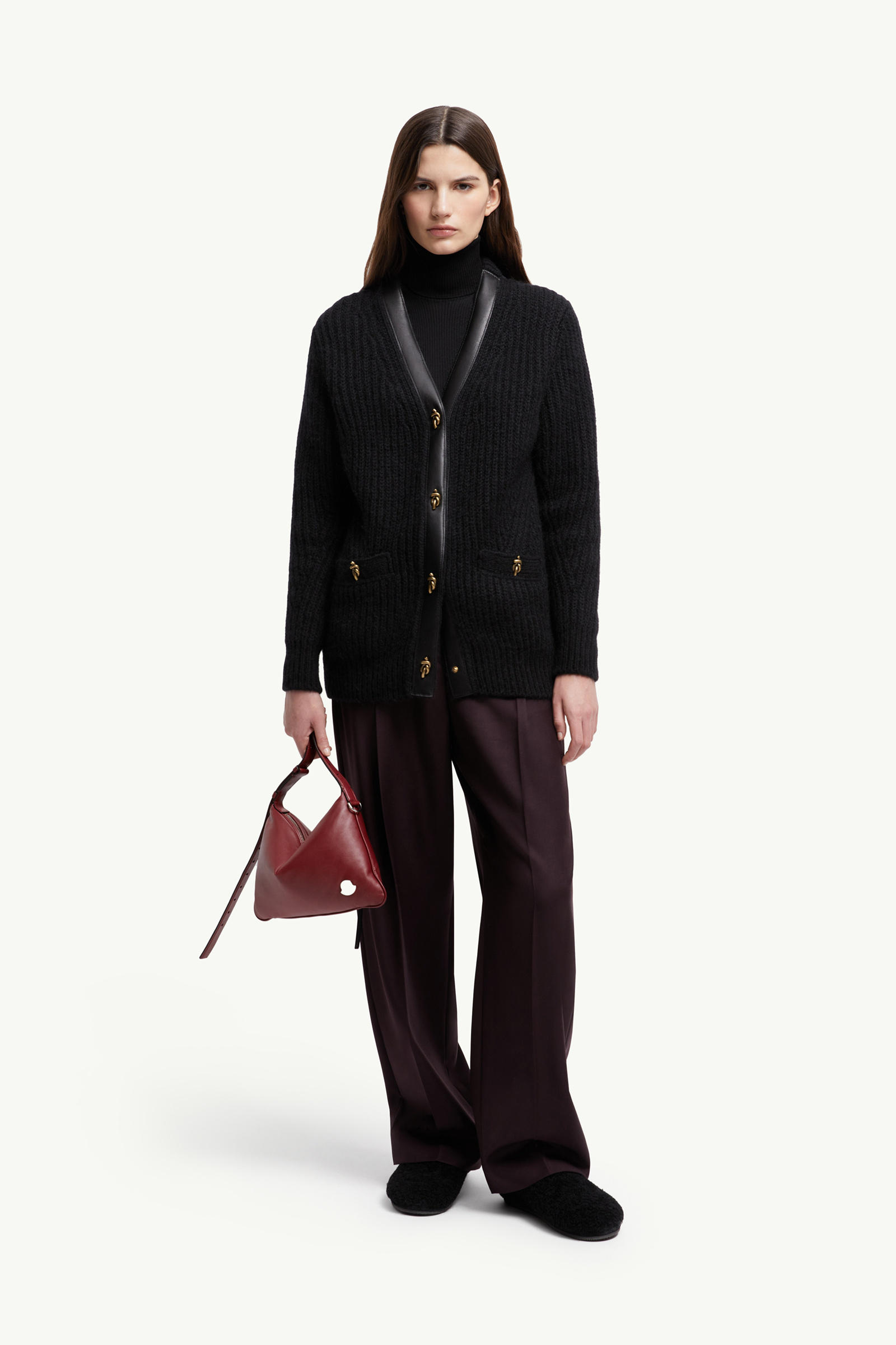 Leather-Trimmed Wool & Mohair Padded Cardigan Women Black Moncler 0