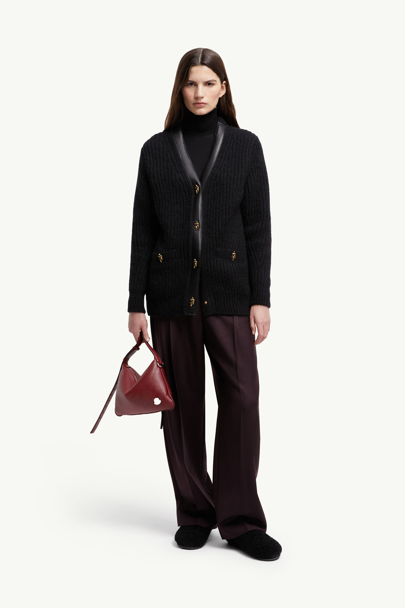 皮革飾邊羊毛及馬海毛夾層開襟毛衣 女士 黑色 Moncler 0