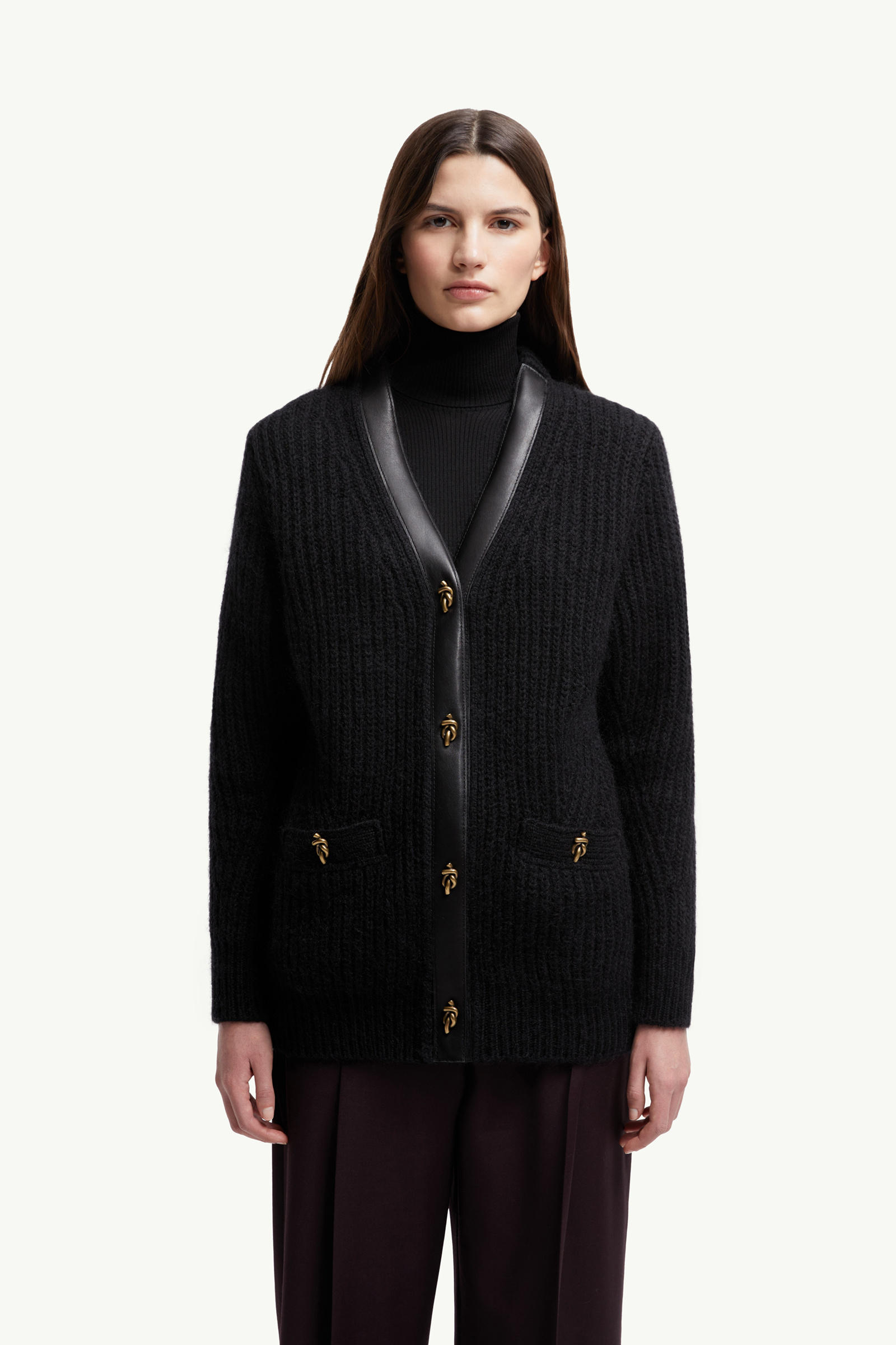 Leather-Trimmed Wool & Mohair Padded Cardigan Women Black Moncler 3