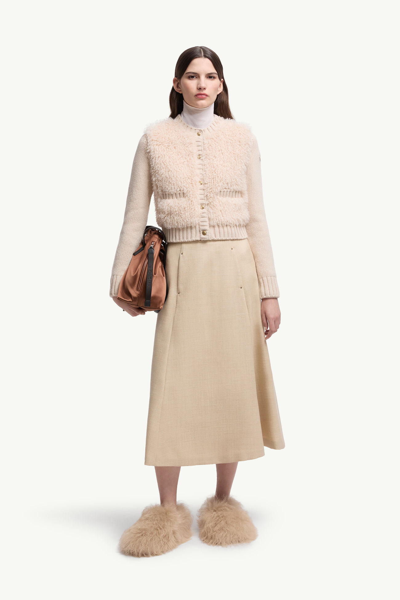 Wattierte Strickjacke aus Wolle und Teddystoff Damen Beige Moncler 0