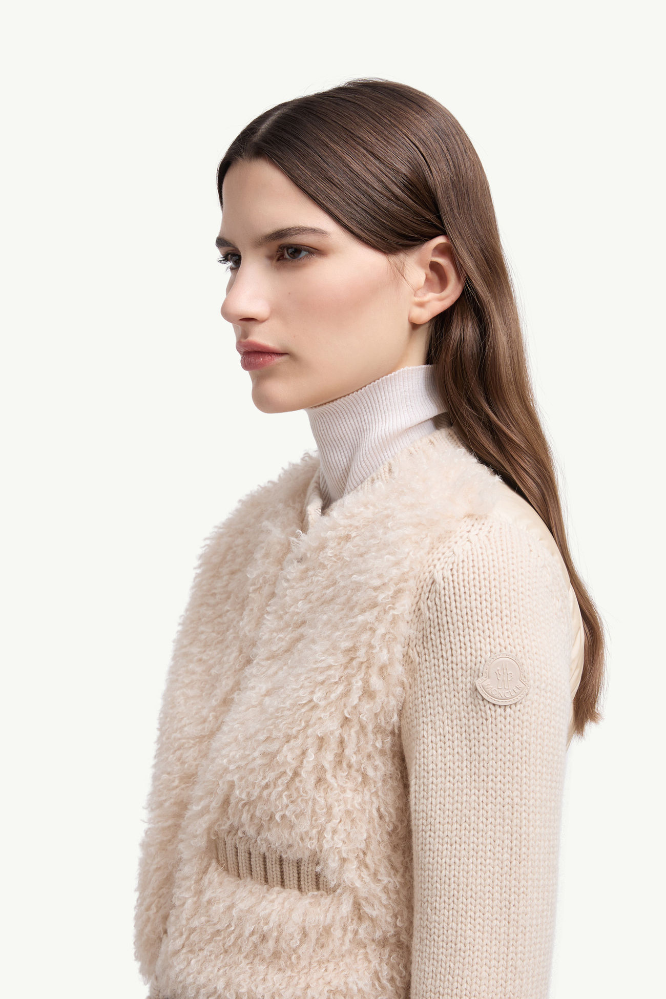 Wattierte Strickjacke aus Wolle und Teddystoff Damen Beige Moncler 1