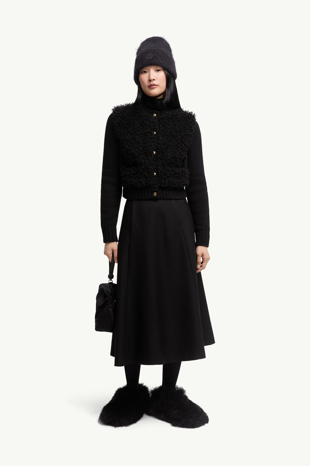 Cárdigan acolchado de lana y tejido efecto peluche Mujer Negro Moncler 0