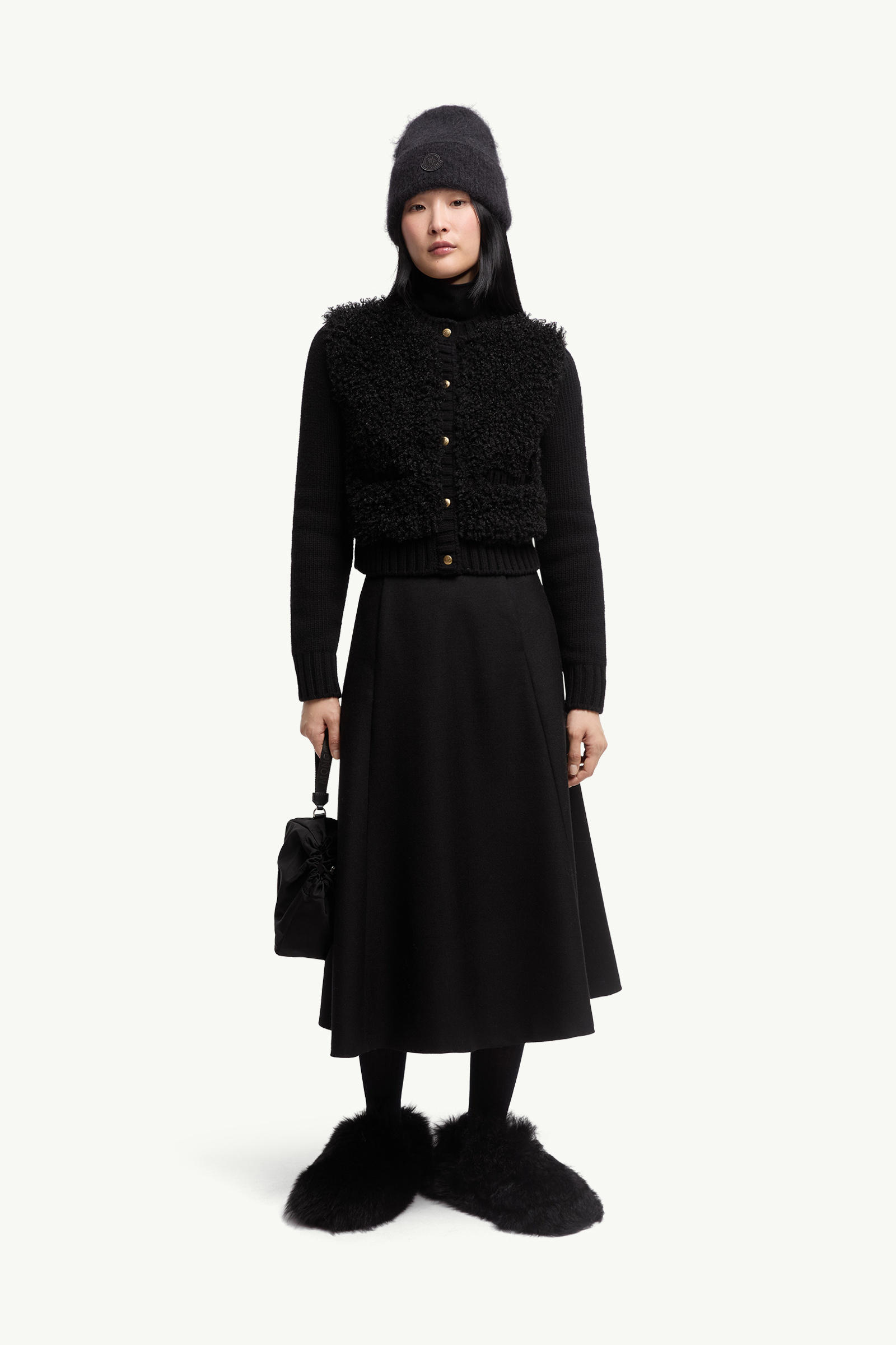 Wattierte Strickjacke aus Wolle und Teddystoff Damen Schwarz Moncler 0