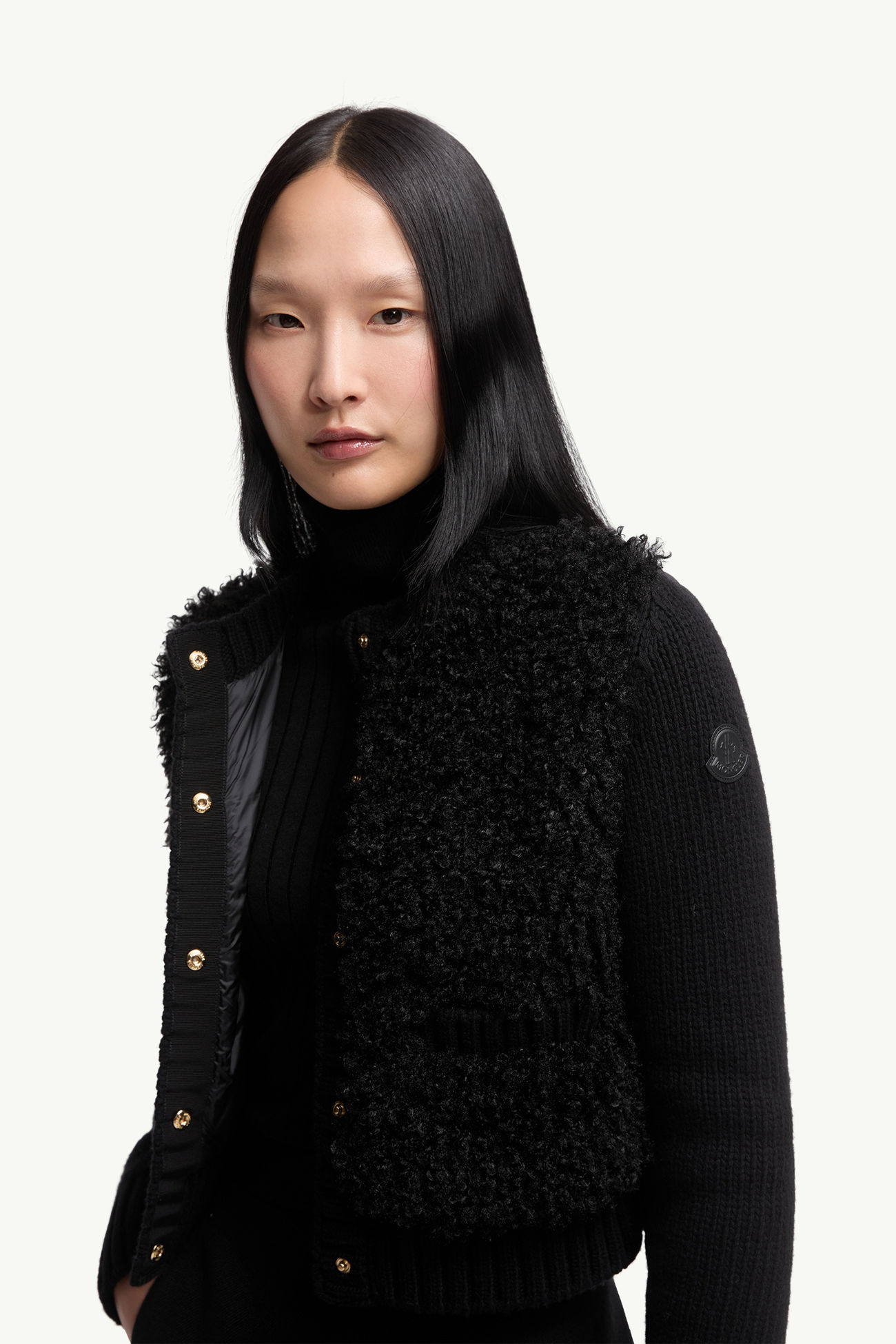 夾層羊毛和泰迪布開襟毛衣 女士 黑色 Moncler 5