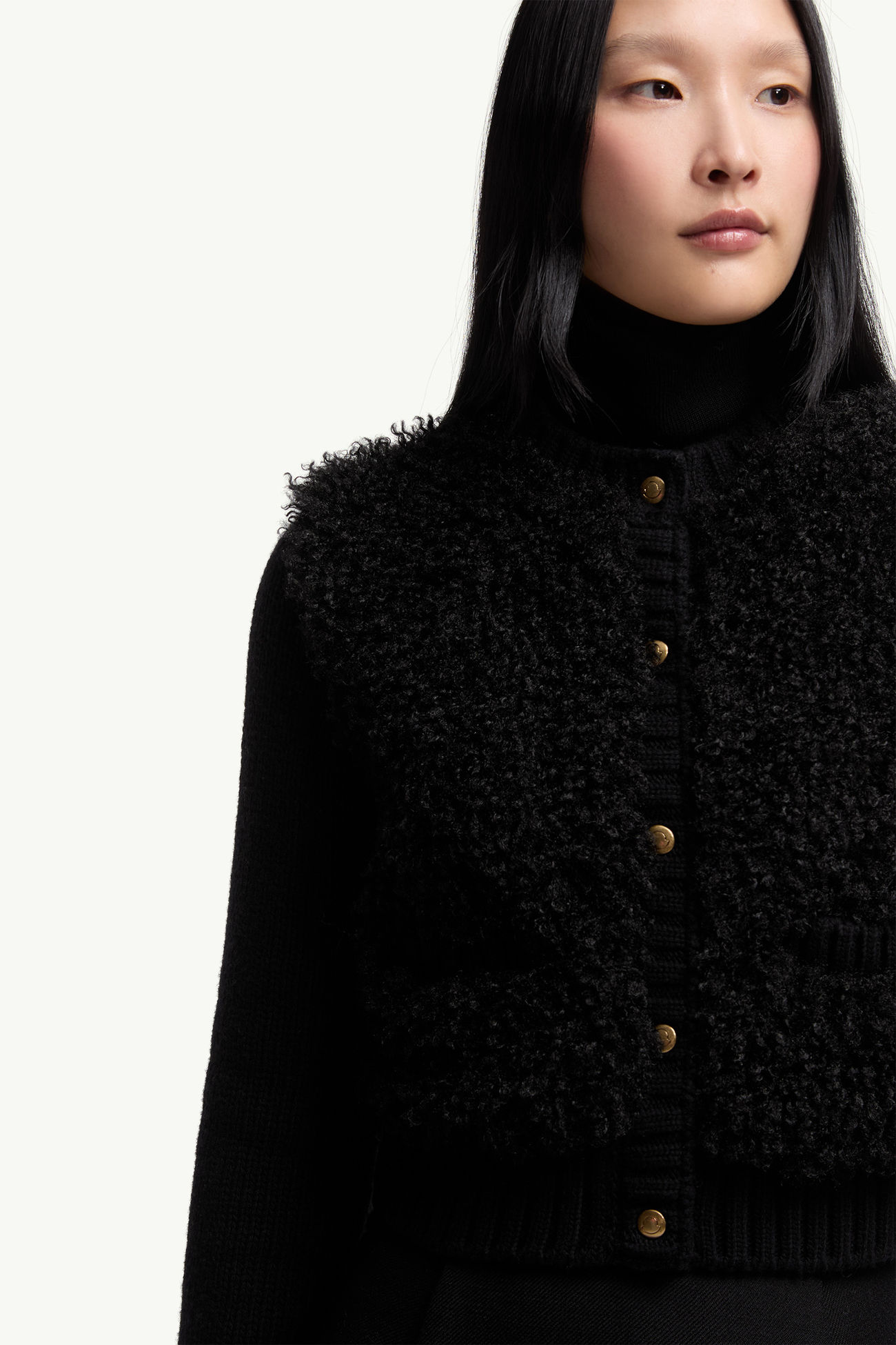 夾層羊毛和泰迪布開襟毛衣 女士 黑色 Moncler 6